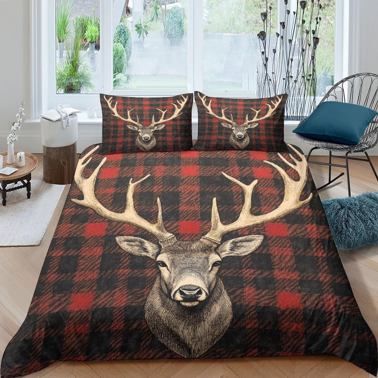 Ctjqhvkz Style-8 3D Printed Red Plaid Deer Fitted Sheet Microfiber Soft Antlers Bed Sheet For Bedroom Lodge Mattress Protection Decor Single（135X200cm）
