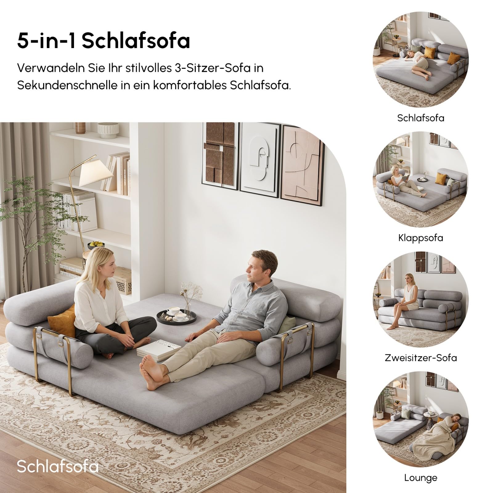 Homary Schlafsofa mit Schlaffunktion Klappbares, Samtbezug Sofa Bed Klappbett, 3-Sitzer Big Sofa 206 cm, Moderne Weiße Sofa mit Nackenkissen, Sofas & Couches für Wohnzimmer, Gästezimmer (Hellgrau)