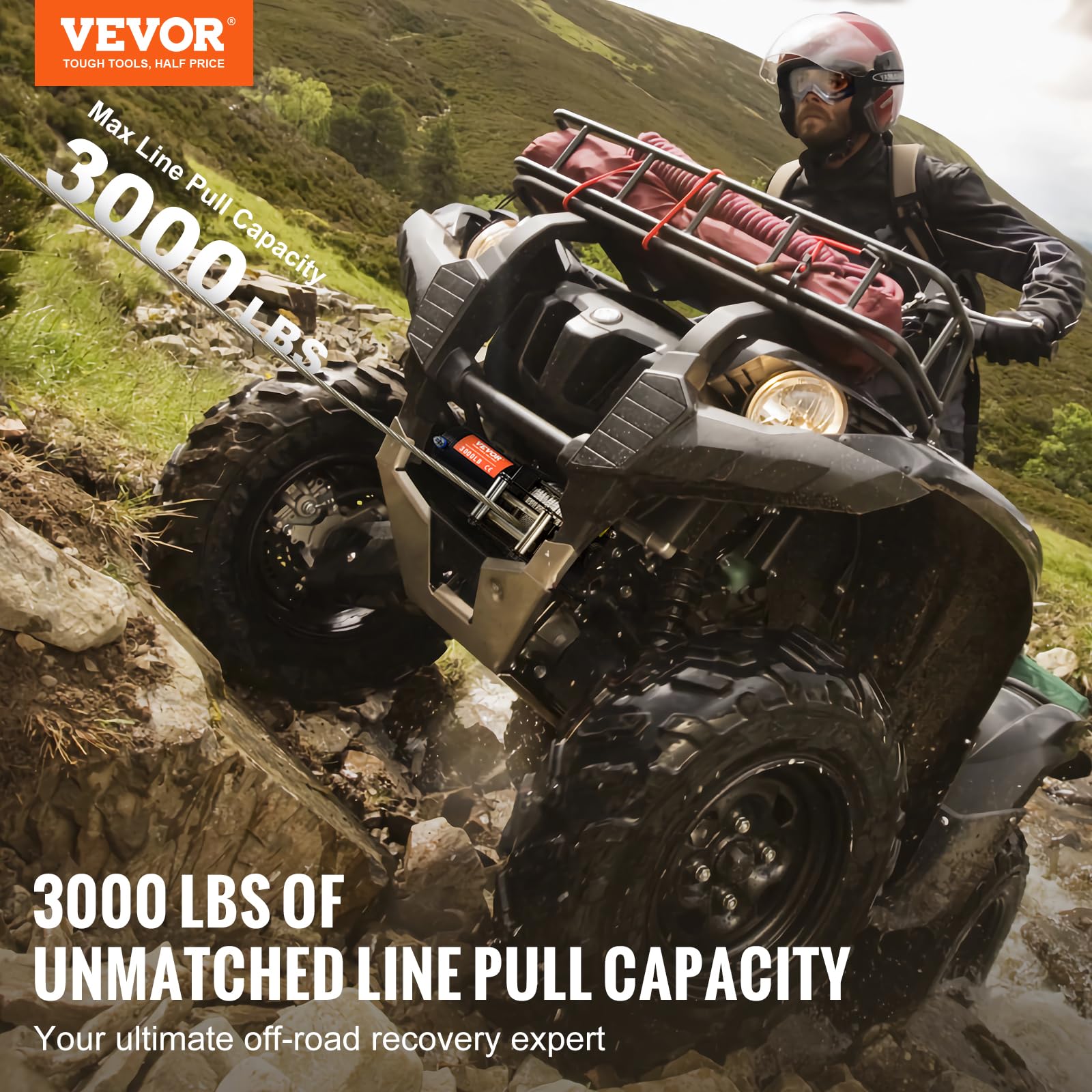 VEVOR Wciągarka ATV, elektryczna wciągarka 1,360 kg, 12 V, mała wciągarka ATV UTV, ze stalową rolką linową 3/40.6 cm x 12 m, przewodowy pilot zdalnego sterowania, wodoodporność IP55, do holowania
