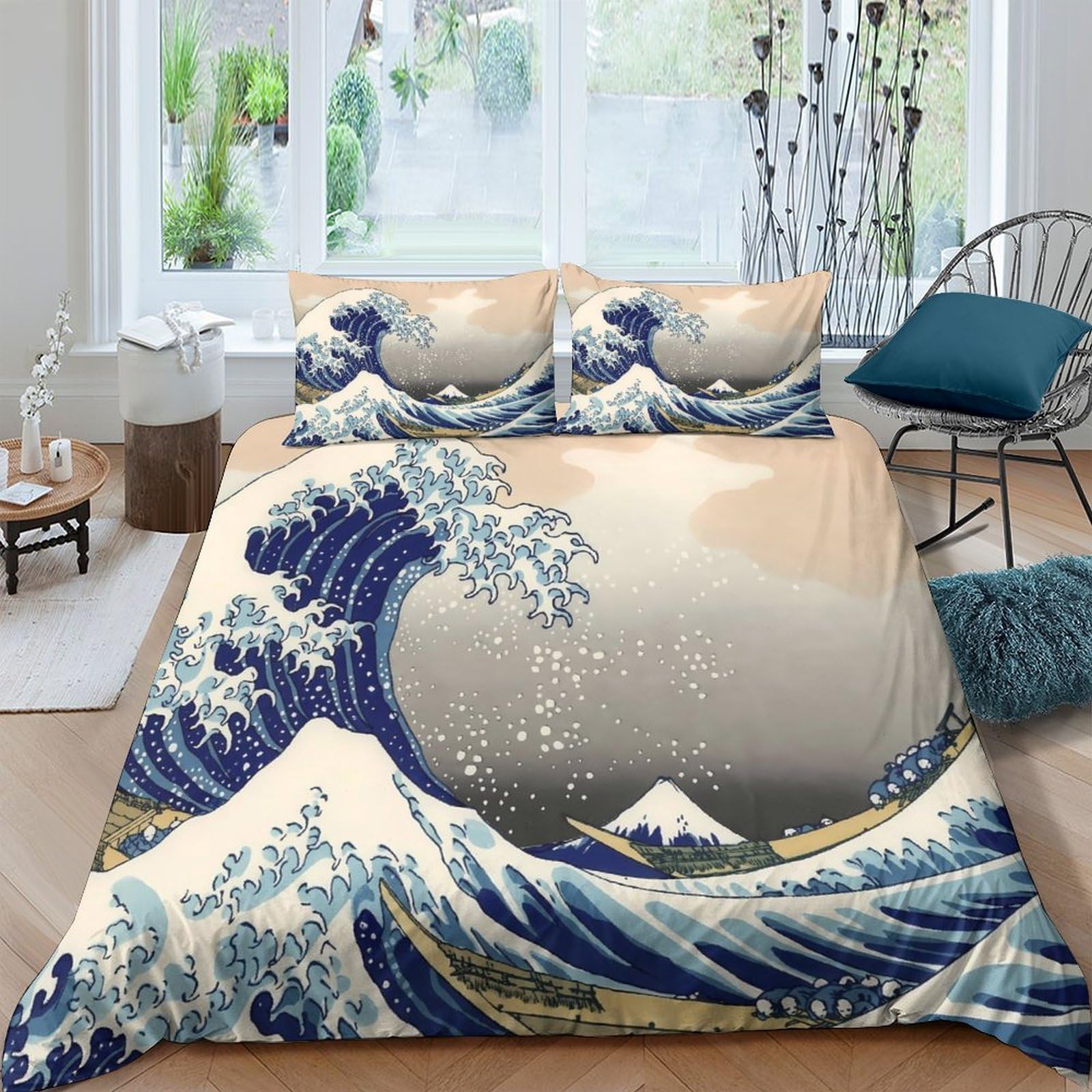 Ctjqhvkz Style-3 3D Printed Great Wave Fitted Sheet Microfiber Soft Breathable Mount Fuji Bed Cover For Bedroom Dorm Decor Single（135X200cm）