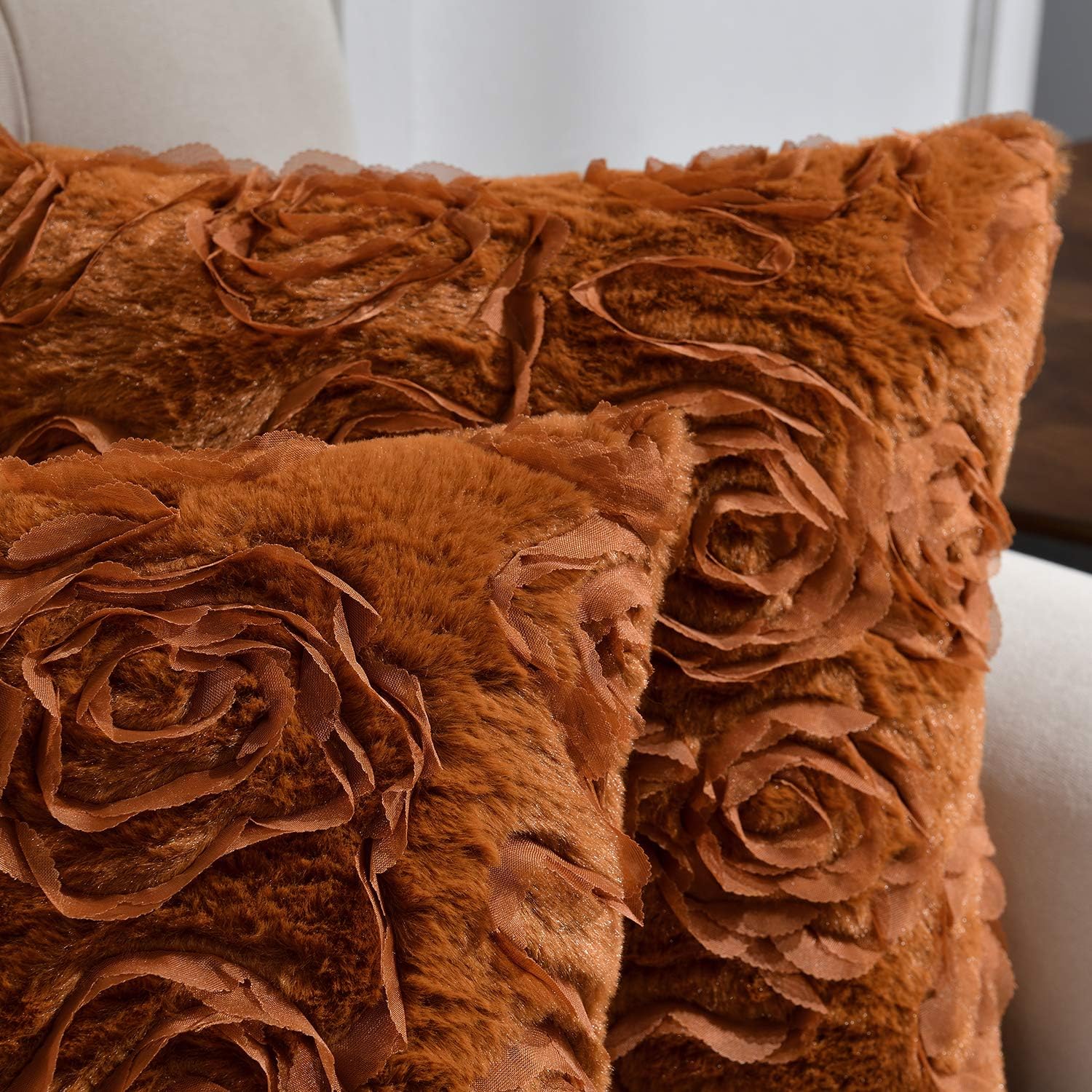 Rythome Set of 2 Soft Fluffy Faux Rabbit Fur Throw Pillow Covers, 3D Chiffon Rosette Pillow Cases, Decorative Patterned Floral Design for Couch Bed and Living Room - 18"x18", Caramel