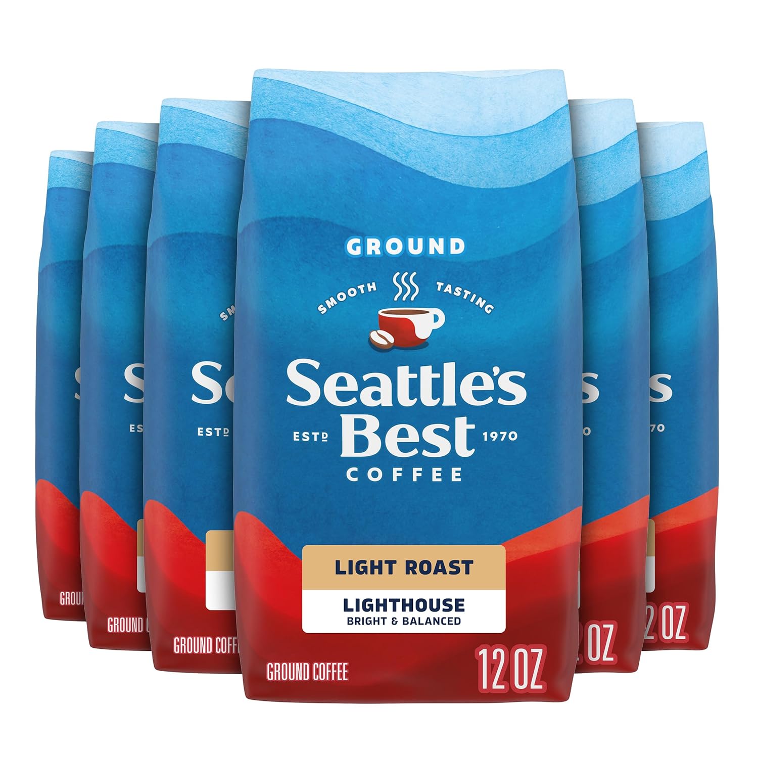 Seattle’s Best Coffee, Light Roast Ground Coffee, Lighthouse, 100% Arabica, 6 Bags (12 oz Each)