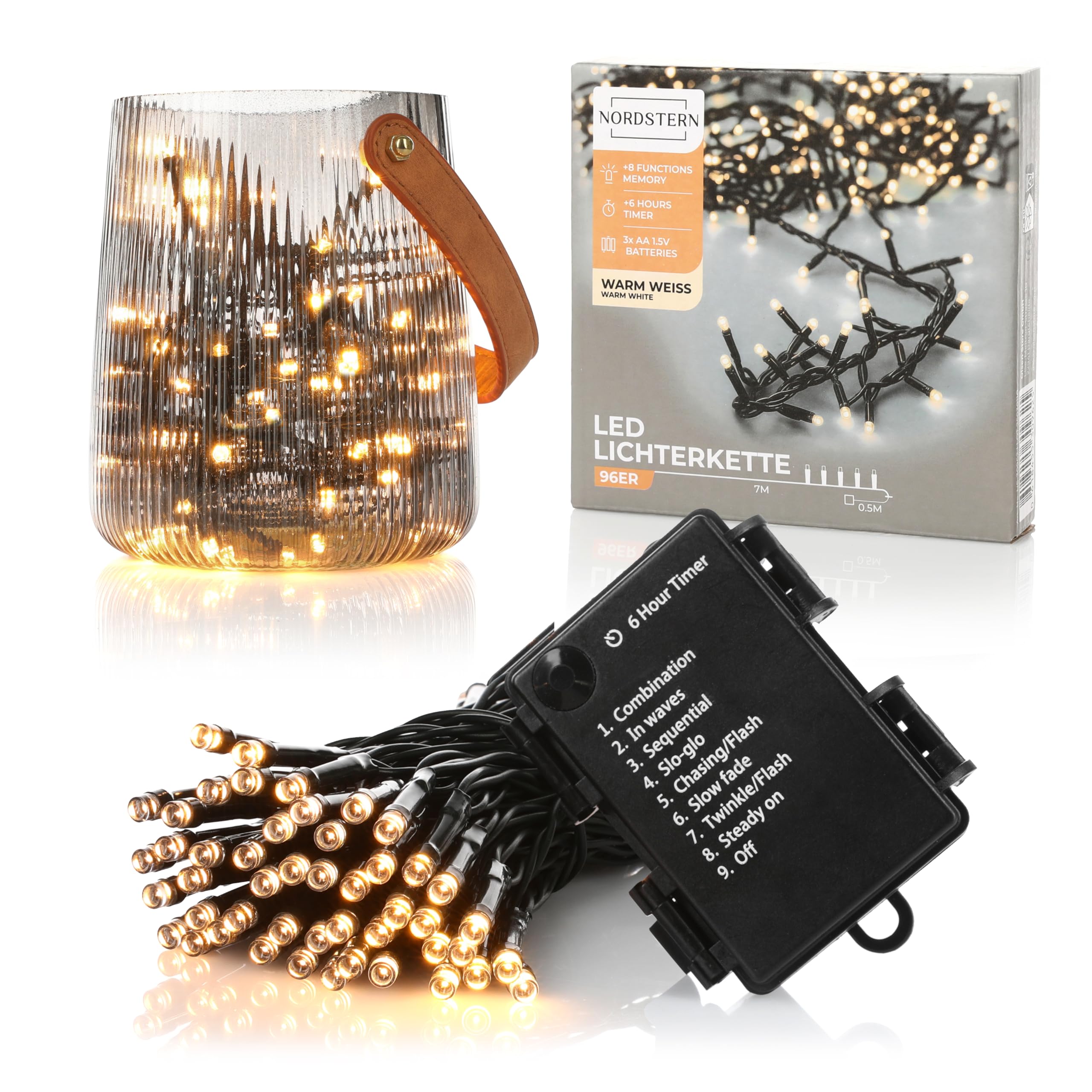 Nordstern LED Fairy Lights, Warm White, 96 LEDs, Indoor and Outdoor Lights, 7 m with Timer and 8 Light Modes, Battery Operated Christmas Lights