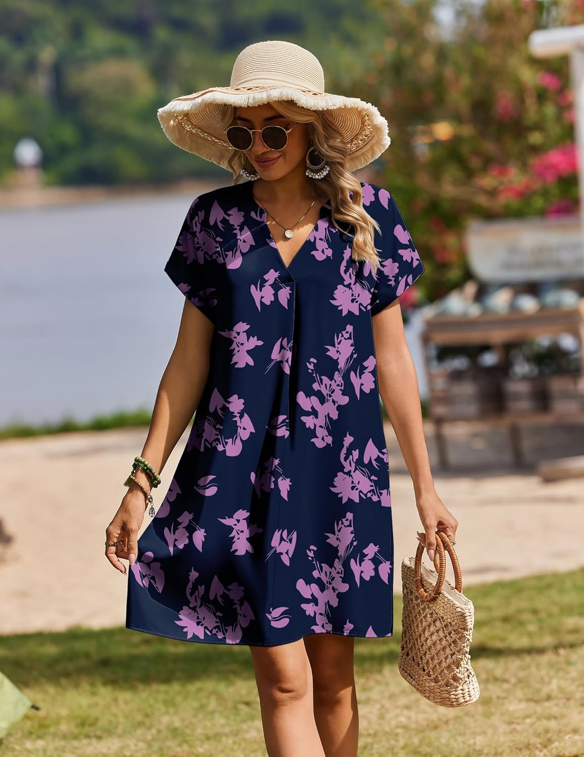 Zeagoo Summer Dresses for Women Short Sleeve Shift Dress V Neck Casual Mini Beach Vacation Boho Sundress with Pockets - Image 2