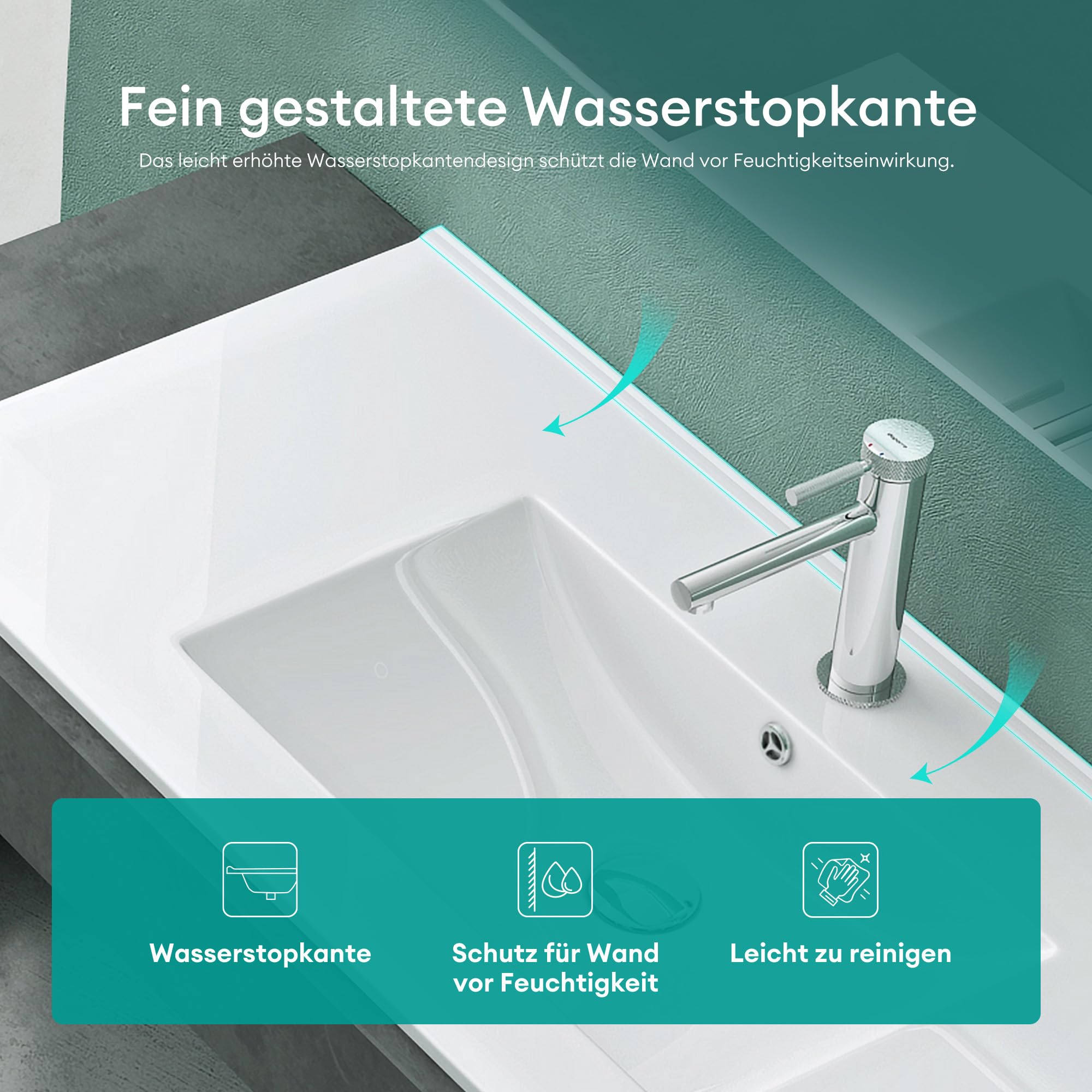Mai & Mai Waschbecken Einbauwaschbecken Waschtisch Weiß glänzend aus Keramik 101x47x18cm inkl. Nano-Beschichtung Rechteckig Brüssel912