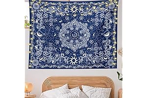 Navy Blue Tapestry: Celestial Tapestry with Sun, Moon, and Stars