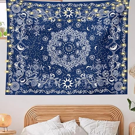 Navy Blue Tapestry: Celestial Tapestry with Sun, Moon, and Stars