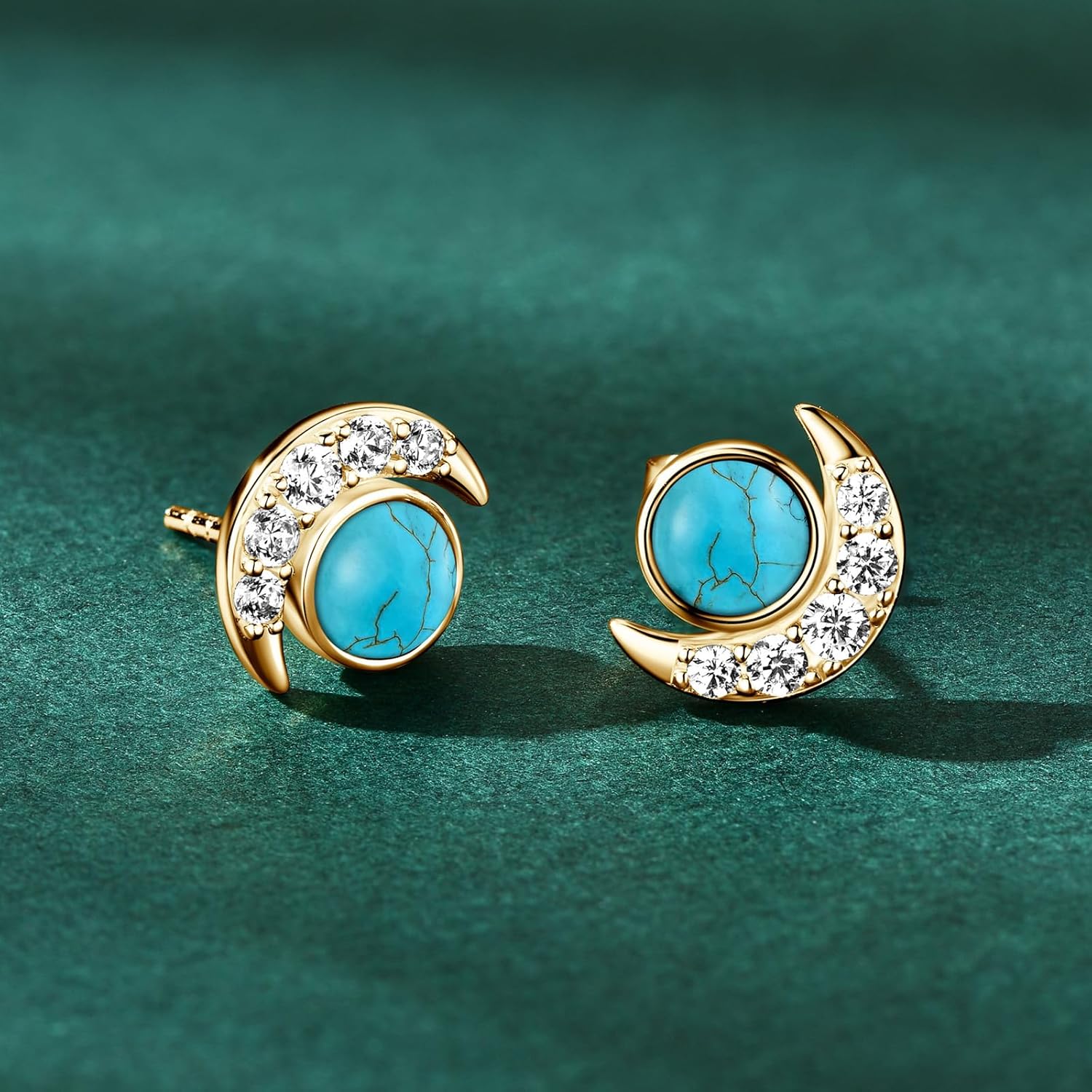 YUNKAI Turquoise/Moonstone Earrings Sterling Silver Hypoallergenic, Dainty Sun & Moon Stud Earring for Women, Vintage Crescent Moon December Birthstone Jewelry Gift for Her Birthday - Image 2