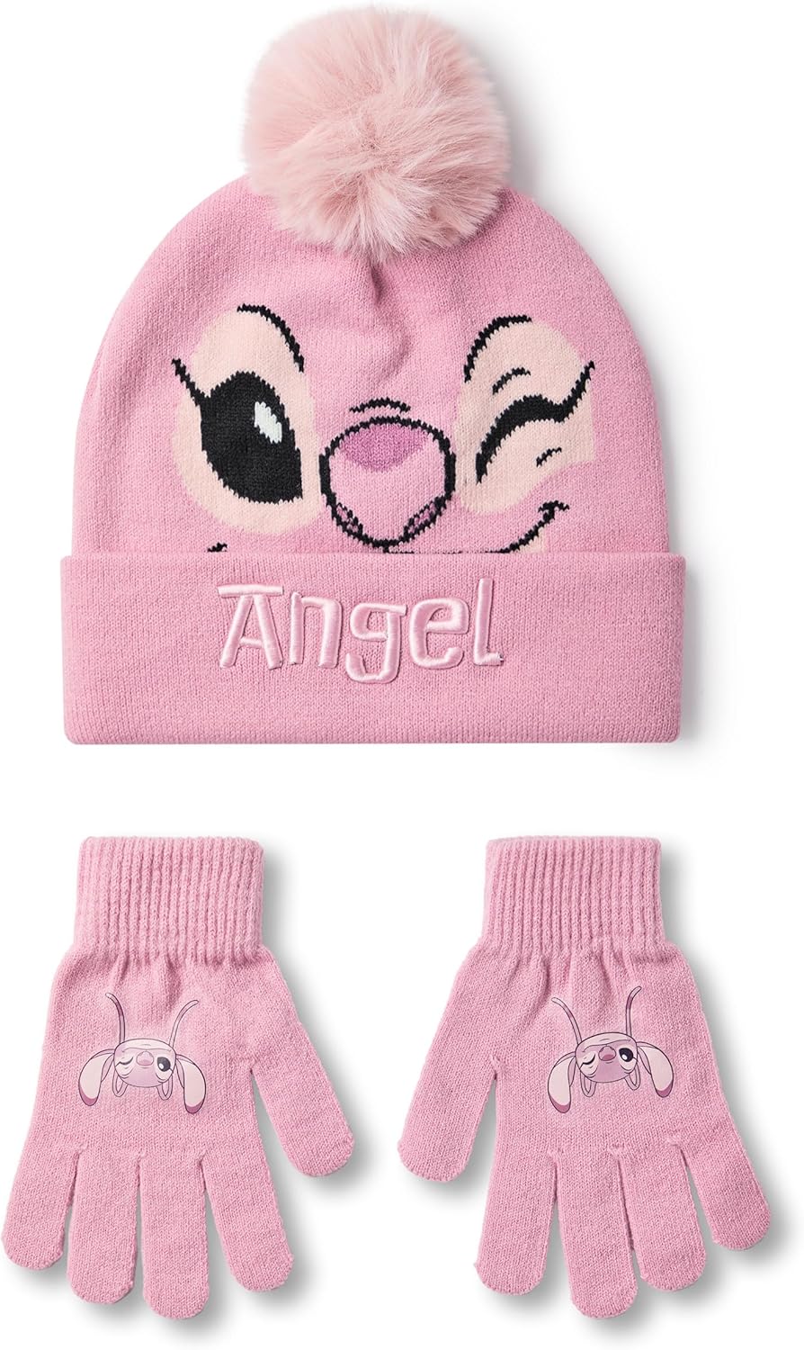 Disney Lilo & Stitch Girls Beanie Hat & Gloves Set | Pink Knitted Winter Hat with Angel Character Face | Kids One Size Pom Pom Beanie with Heat Transfer Print Gloves | Classic Movie Merchandise Gift