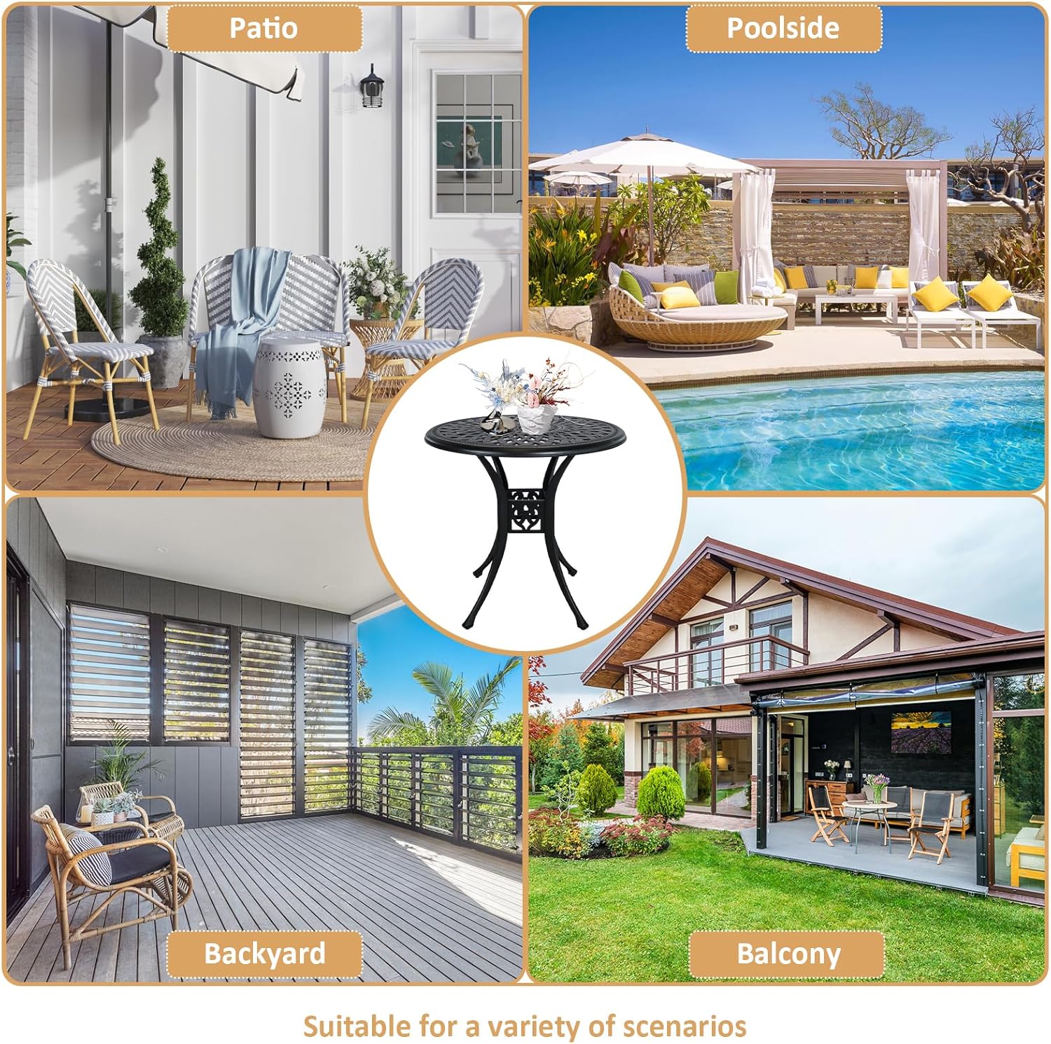 30.31" Outdoor Patio Dining Table, Cast Aluminum Patio Table, Patio Bistro Table, Patio Furniture Set with 2.36" Umbrella Hole for Balcony Lawn Garden Backyard