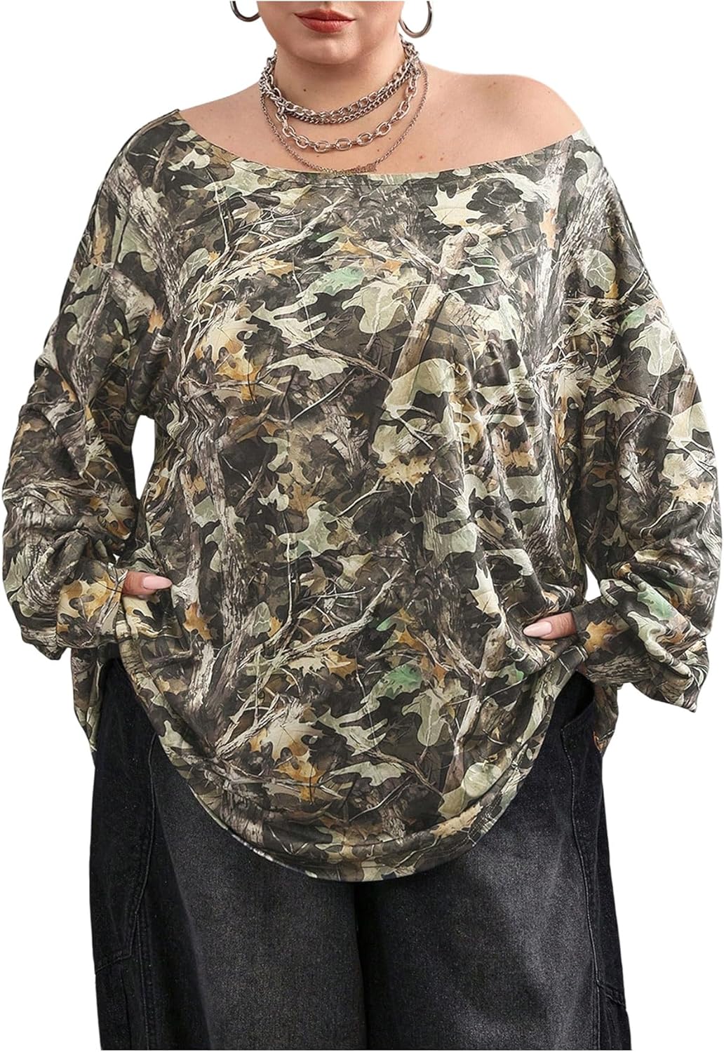 WDIRARA Women's Plus Size Camo Off The Shoulder Tops Long Sleeve T Shirts Loose Tees