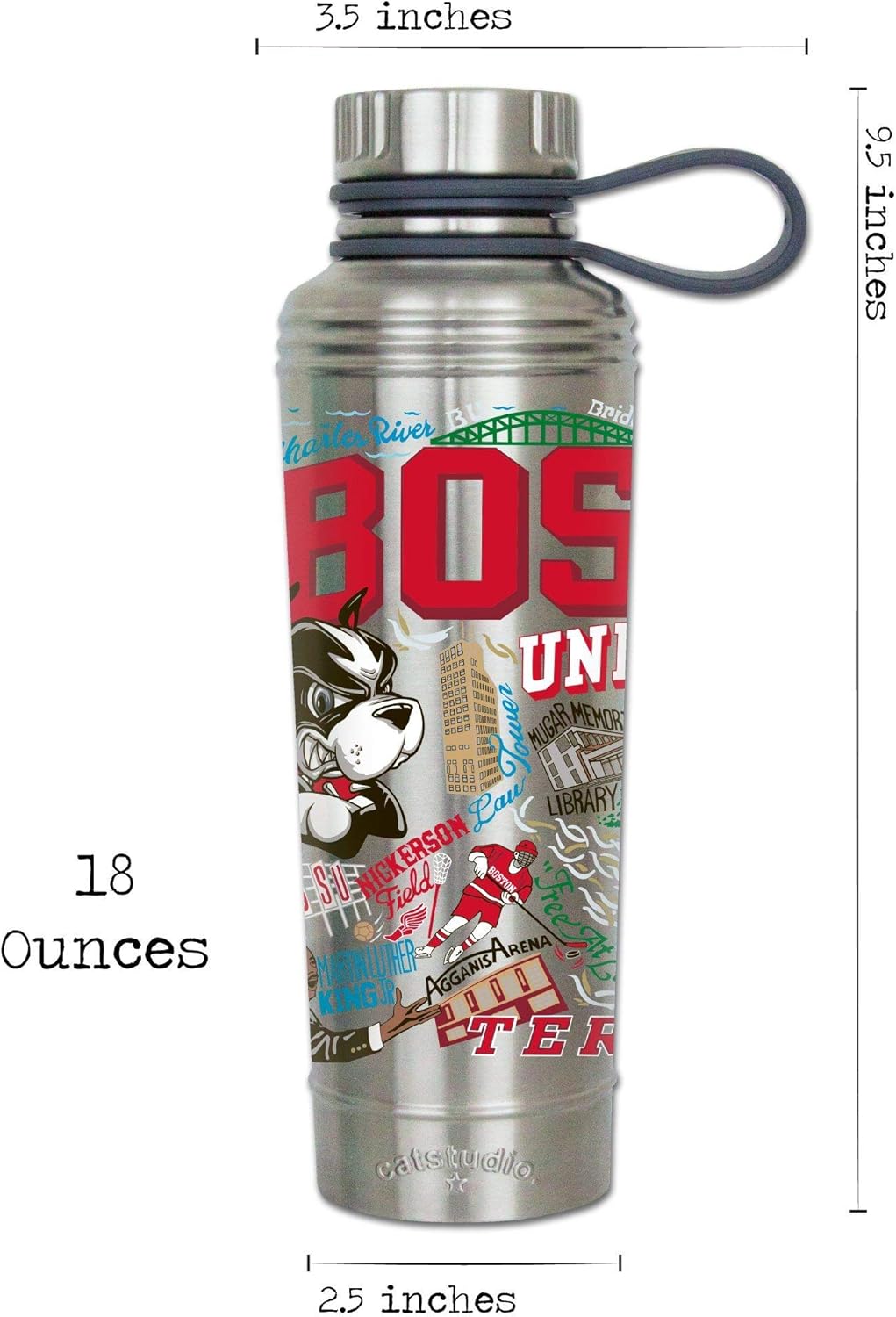 Catstudio Boston University Collegiate Stainless Steel Water Bottle | Triple Wall Insulation With Non Slip Bottom | Great For Running, Hiking, Sports, & Travel