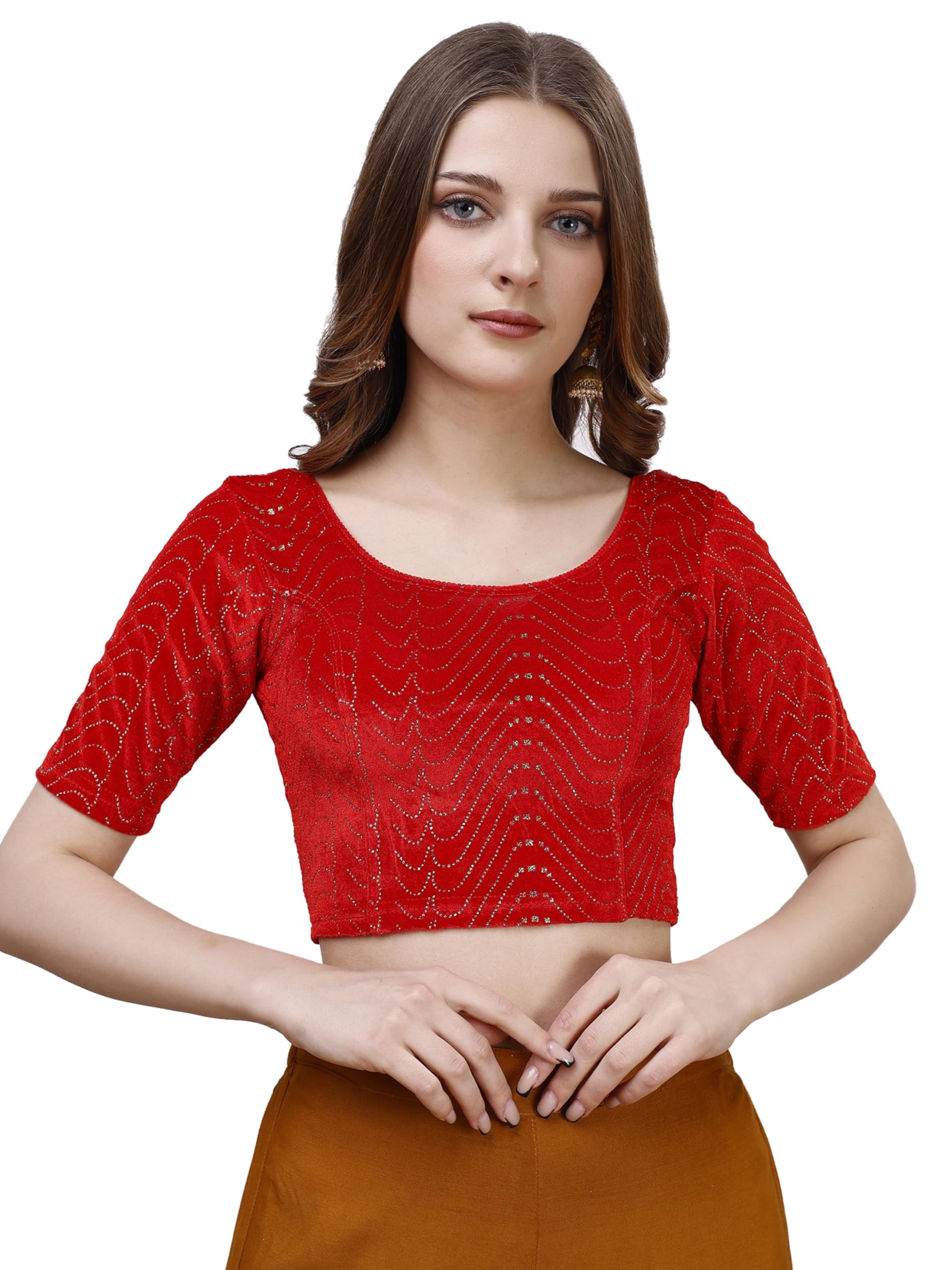 Pujia Mills Women's Readymade Hosiery Velvet Lycra Stretchable Round Neck Half Sleeve Blouse With Jari Work Fancy Red Color Lycra Stretchable Blouse For Women Readymade Saree Blouse