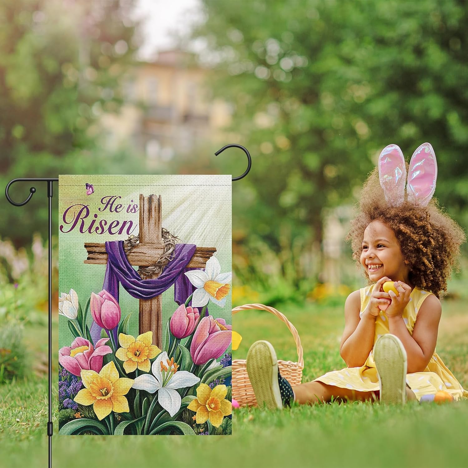 Heyfibro Easter Cross Garden Flag He is Risen Religious Garden Flags 12x18 Double Sided Burlap Lily Tulip Flower Yard Flag for Easter Holiday Farmhouse Yard Outdoor Decor(ONLY FLAG) - Image 2