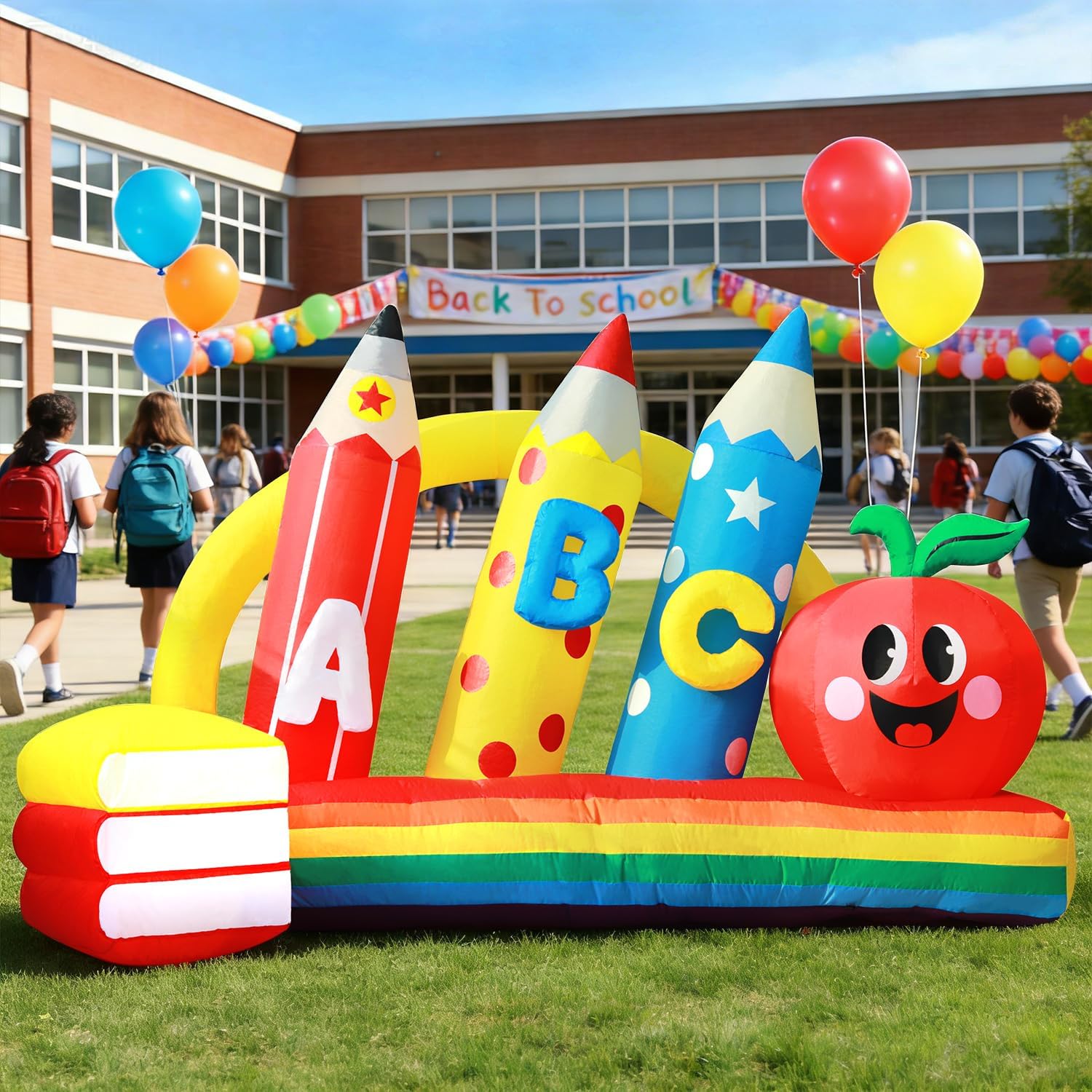 DomKom 8FT Kindergarten Graduation Decorations Crayon Yard,Back to School Inflatable Decoration Red Apple & Book LED Lights Backdrop for 2026 Graduate School Party Decor,Holiday Party Garden Lawn