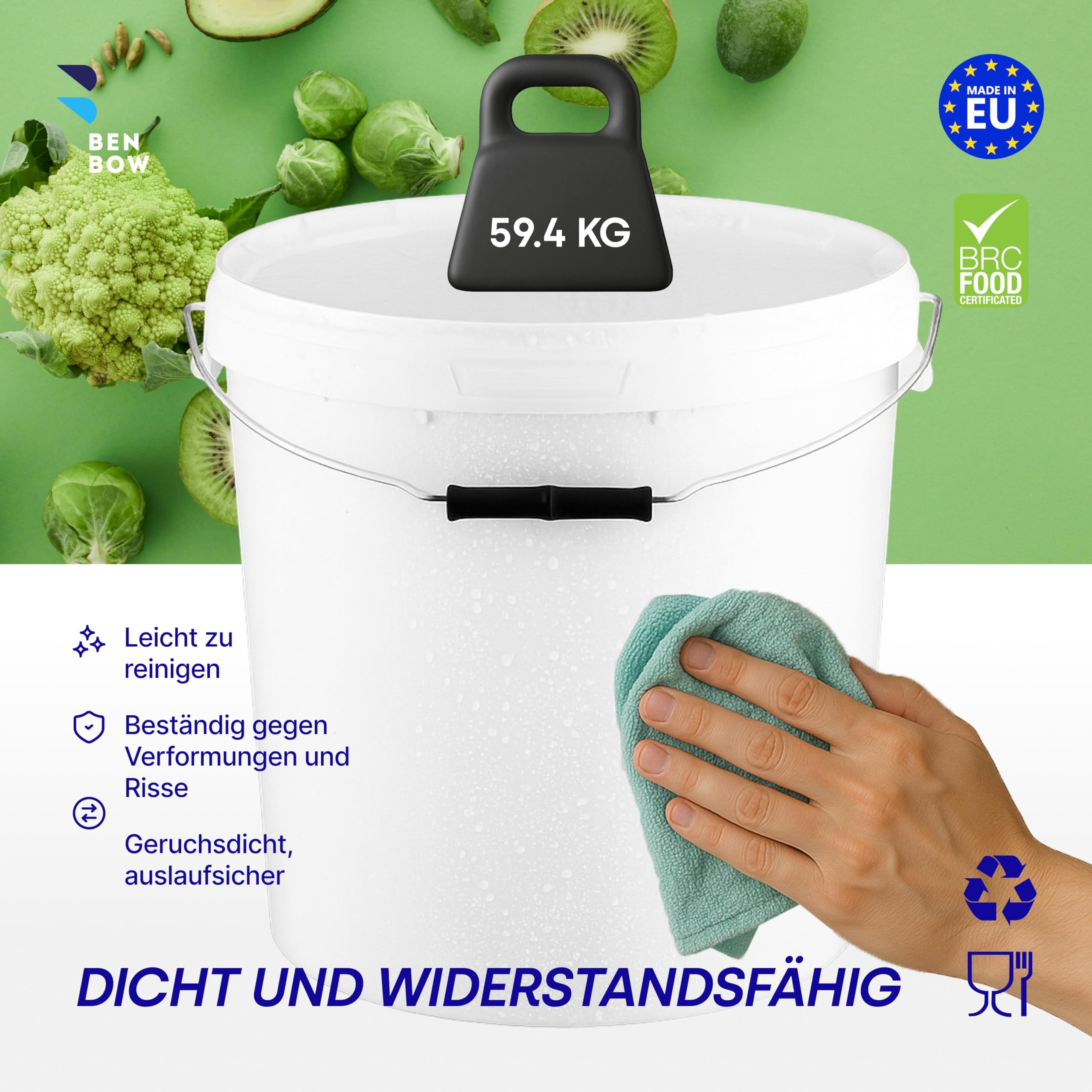 BenBow Eimer mit Deckel 20l weiß 10x 20 Liter - lebensmittelecht, stabil, luftdicht, auslaufsicher - Vorratsbehälter für Aufbewahrung aus Kunststoff, mit Metall-Henkel