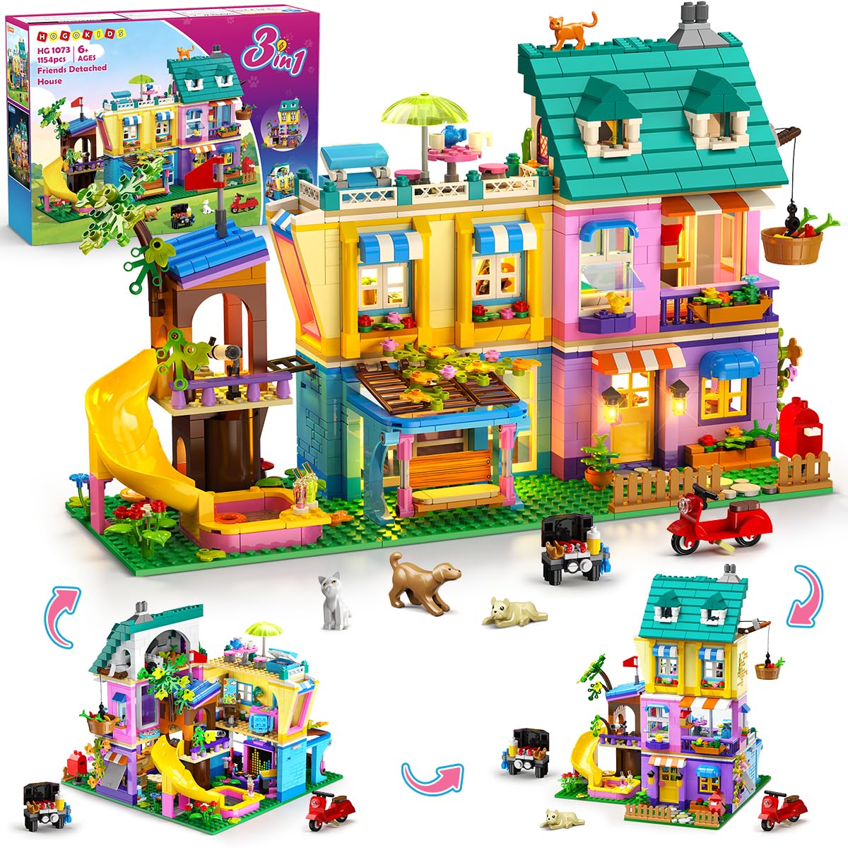 HOGOKIDS Friends Mädchen Familienhaus Bausteinset mit Licht & 4 Tierfiguren | 3 Bauvarianten Freunde Spielset mit Garten, 1154PCS Häus mit Baumhaus, Geburtstagsgeschenk für Mädchen Jungen ab 8 Jahren
