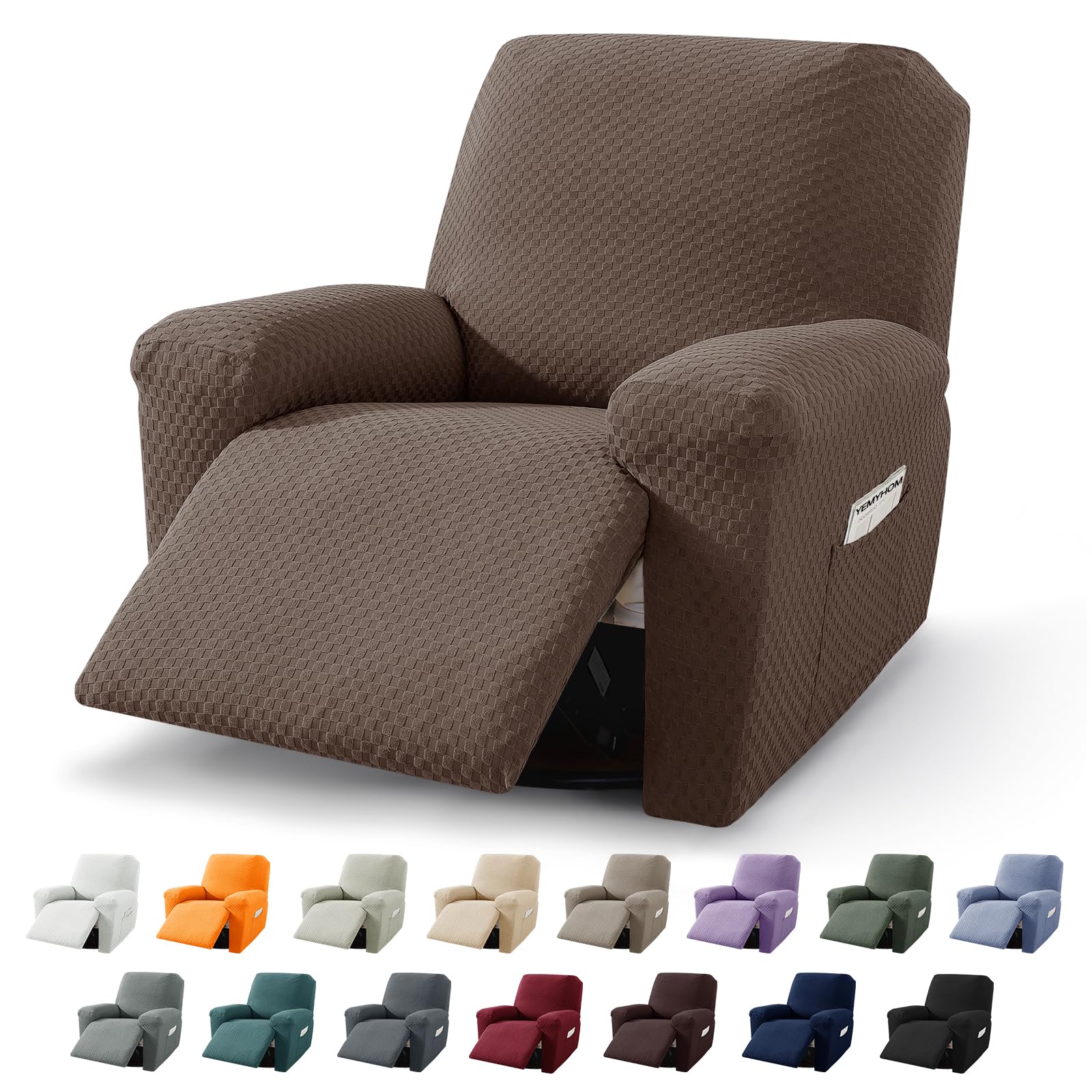 YEMYHOM 4 Pieces Stretch Recliner Slipcover Latest Jacquard Recliner Chair Cover with Side Pocket Anti-Slip Fitted Recliner Cover Couch Furniture Protector with Elastic Bottom (Recliner, Light Coffee)