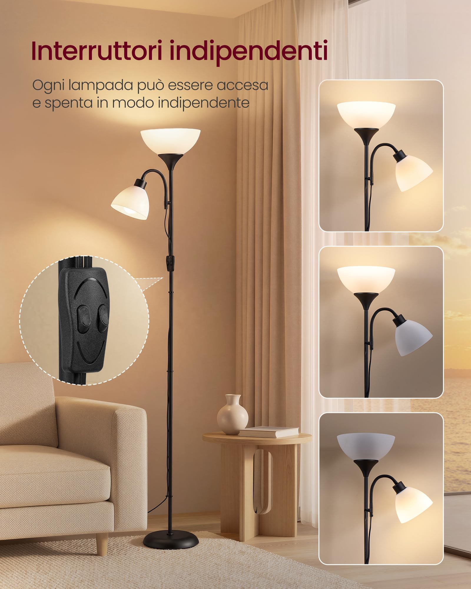 VASAGLE Lampada da Terra con Lampada da Lettura, Piantana in Ferro con Braccio Regolabile, 38,5 x 23,5 x 176 cm, Nero Opaco, per Soggiorno e Ufficio, Collezione Lusia LFL019B202