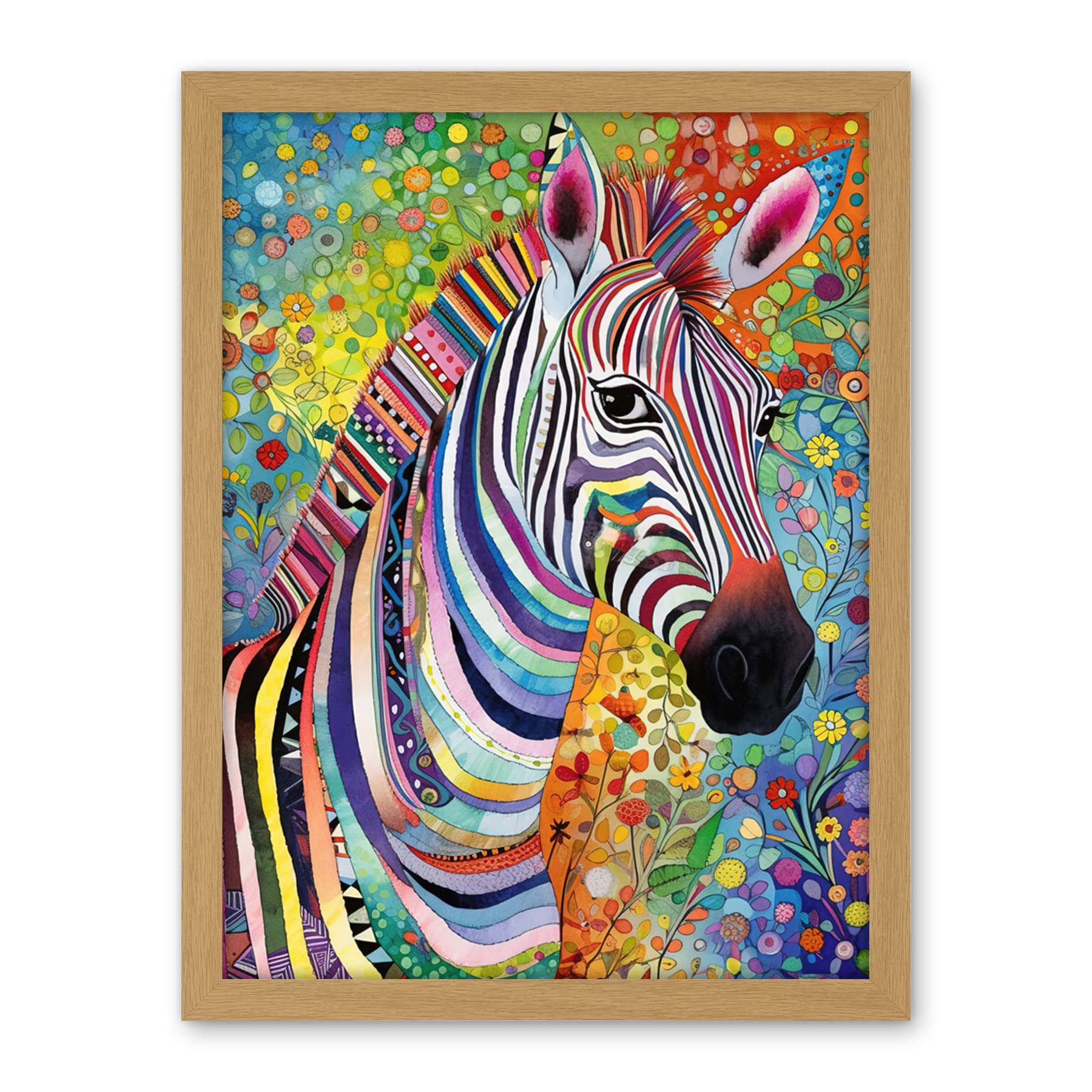Artery8 Folk Art Zebra Colourful Flower Boho Artwork Framed Wall Art Print 18X24 Inch