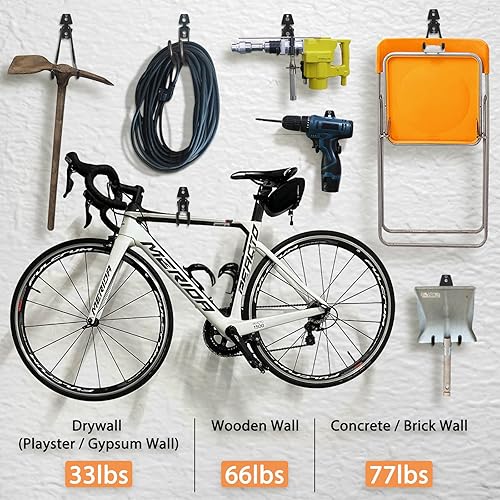 Miniatura 9 de Ganchos de garaje, paquete de 8 perchas de almacenamiento de pared con 15 correas de cable de extensión, soporte de herramientas resistente para