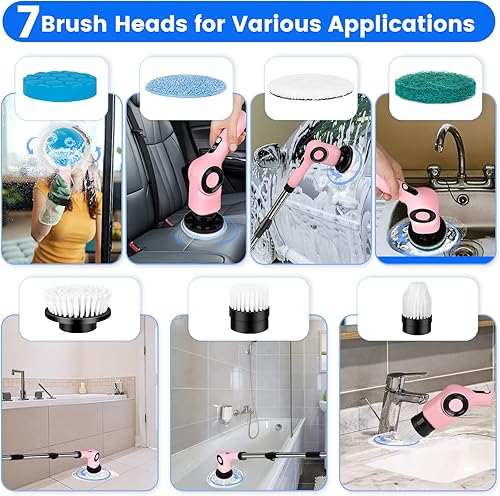 Miniatura 6 de Limpiador eléctrico giratorio, limpiador eléctrico con 7 cabezales de cepillo y mango de extensión, limpiador de ducha inalámbrico IPX7, cepillo de