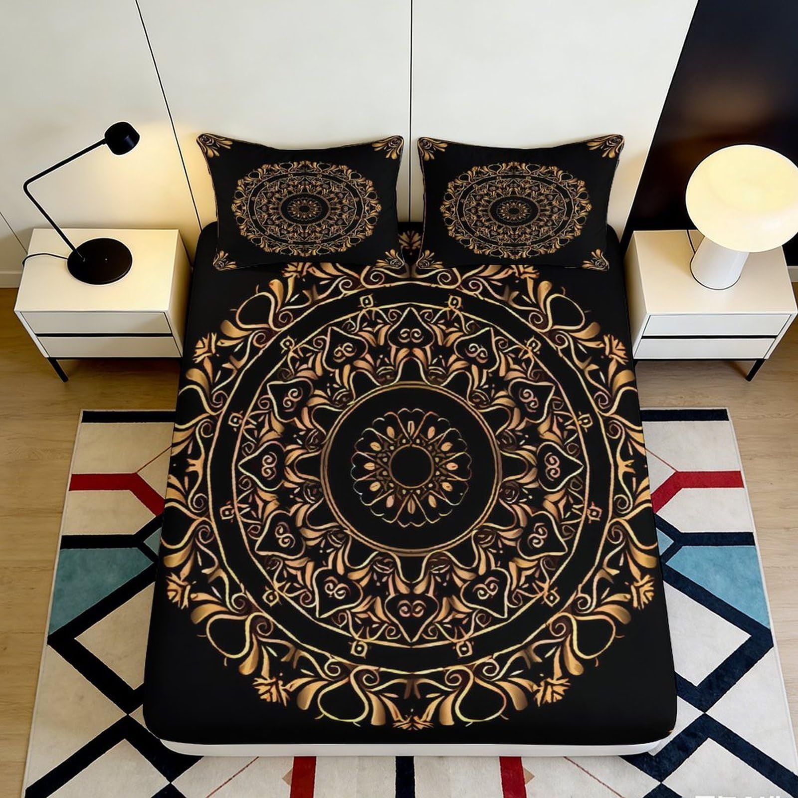 3D Printed Mandala Pattern Fitted Sheet Microfiber Soft Breathable Ornate Floral Bed Cover for Bedroom Dormitory Guest Room Mattress Protection Decor 140x200x25cm