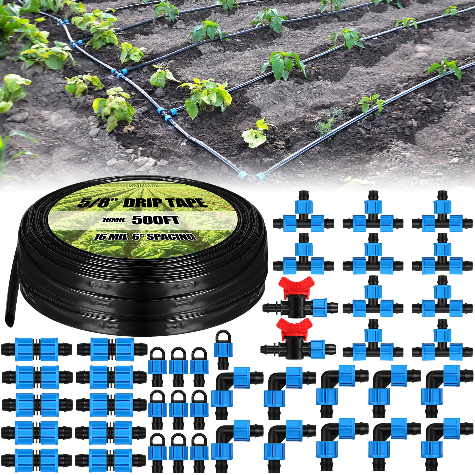Tondiamo Kit de riego de cinta de goteo de 500 pies y 5/8 pulgadas, kit de tubos de riego por goteo de 16 mil 6 pulgadas, manguera espaciadora de jardín, sistema de riego automático, equipo de riego