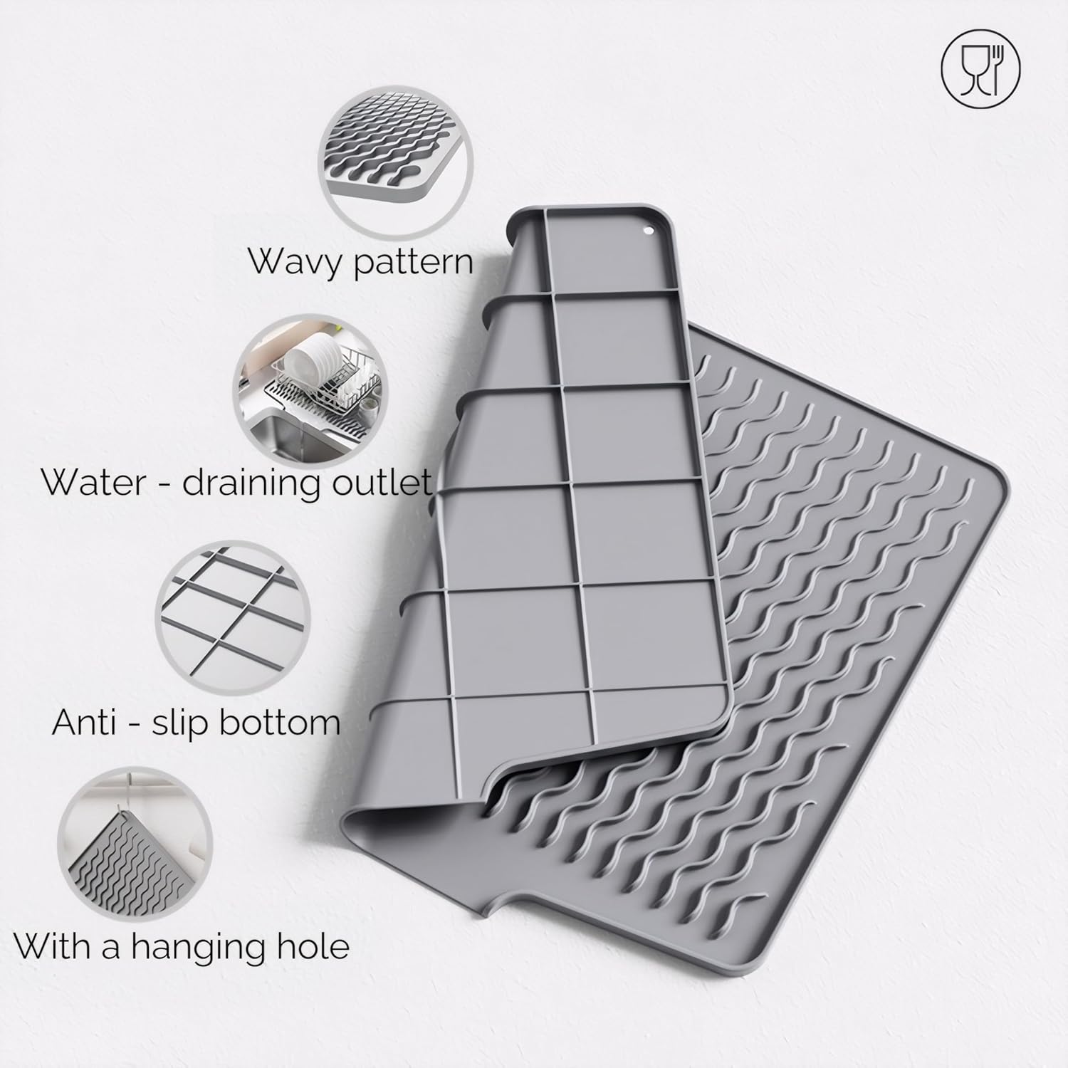 Silicone Dish Drying Mat for kitchen Countertop, Heat Resistant Mats, Dish Drainers for Kitchen counter, Hot Pot Holders, Dish Drying Rack with Built in Drain,(Gray, 15.6"x13") - Image 8