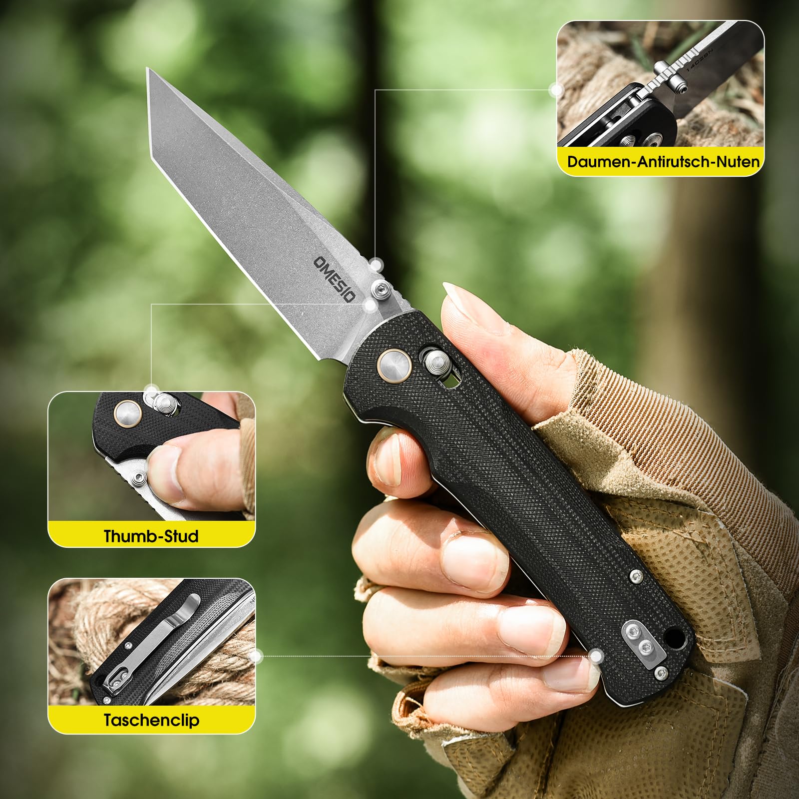 Omesio Couteau pliant M-LB21 Tanto, lame en acier 14C28N, manche en G10, conception légère, étui en nylon inclus, longueur de lame 8,4 cm, idéal pour le camping en plein air.
