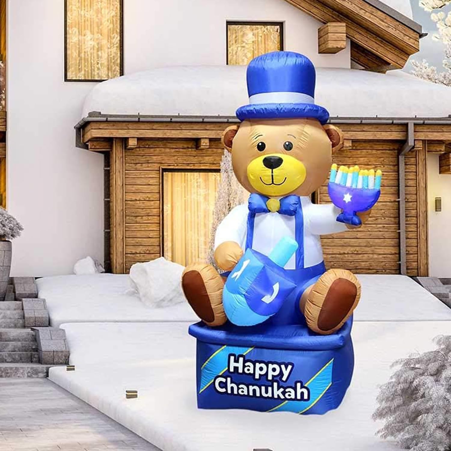 Zion Judaica Inflatable Hanukkah Yard Decorations 8' Bear Multi Blue - Hanukah Indoor Outdoor Lighted Decoration Built-in LED Lights - Includes Air Blower, Tie-down Stakes - Chanukah Lawn Décor Blowup