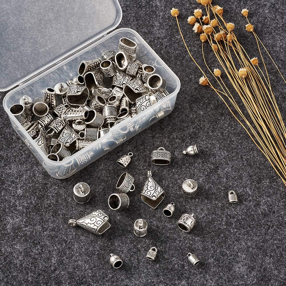 Kissitty 100pcs/box Tibetan Silver Cord End Caps Leather Cord Ends 10 Style for Earring Necklaces Bracelets Jewelry Making