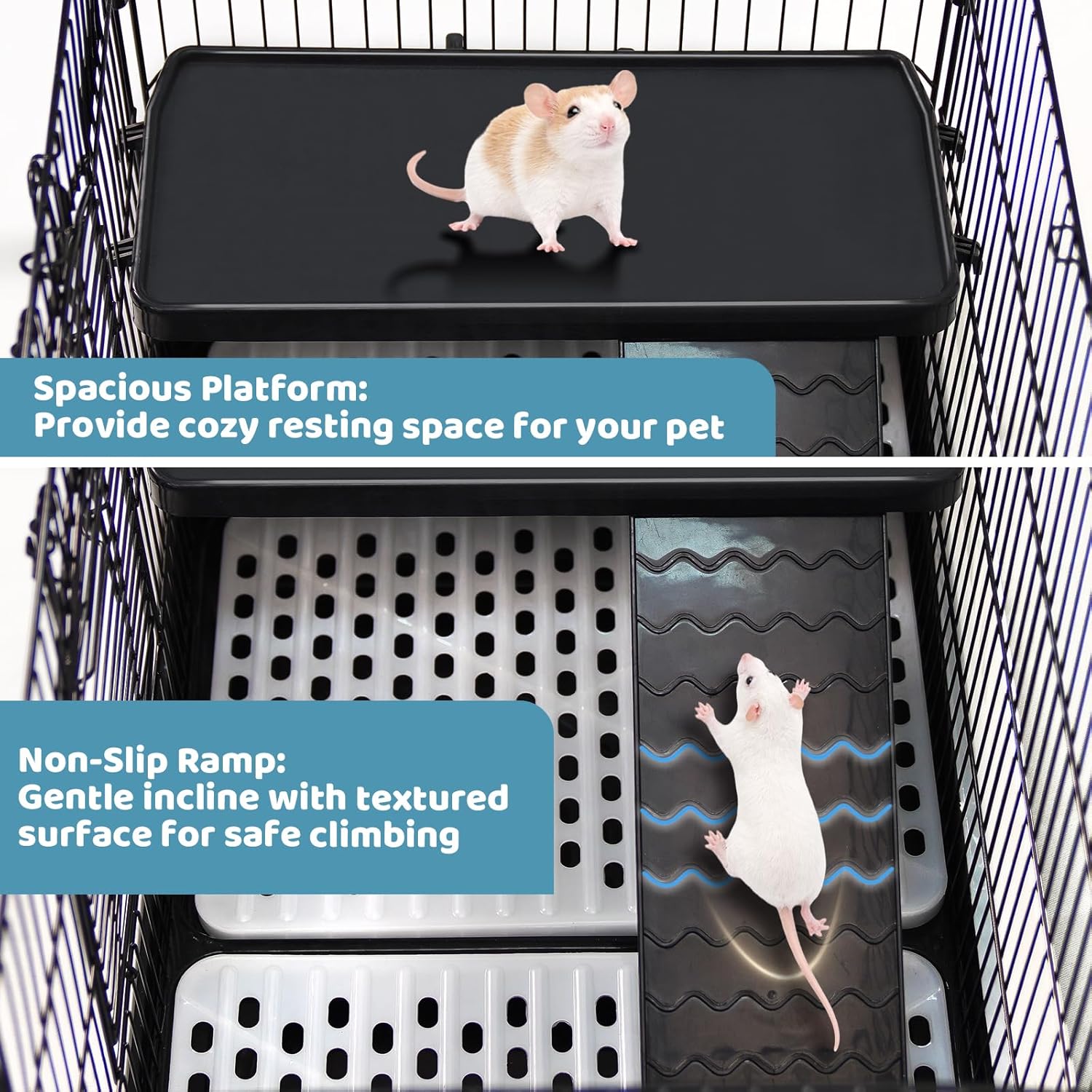Homey Pet 2-Level Rat Cage, Small Animal Cage for Gerbil, Guinea Pig, Hamster, Chinchilla with Anti-Spray Urine Guard, Paw-Safe Mesh Floor, Removable Tray, 4 Lockable Wheels, Ramp & Platform, Black