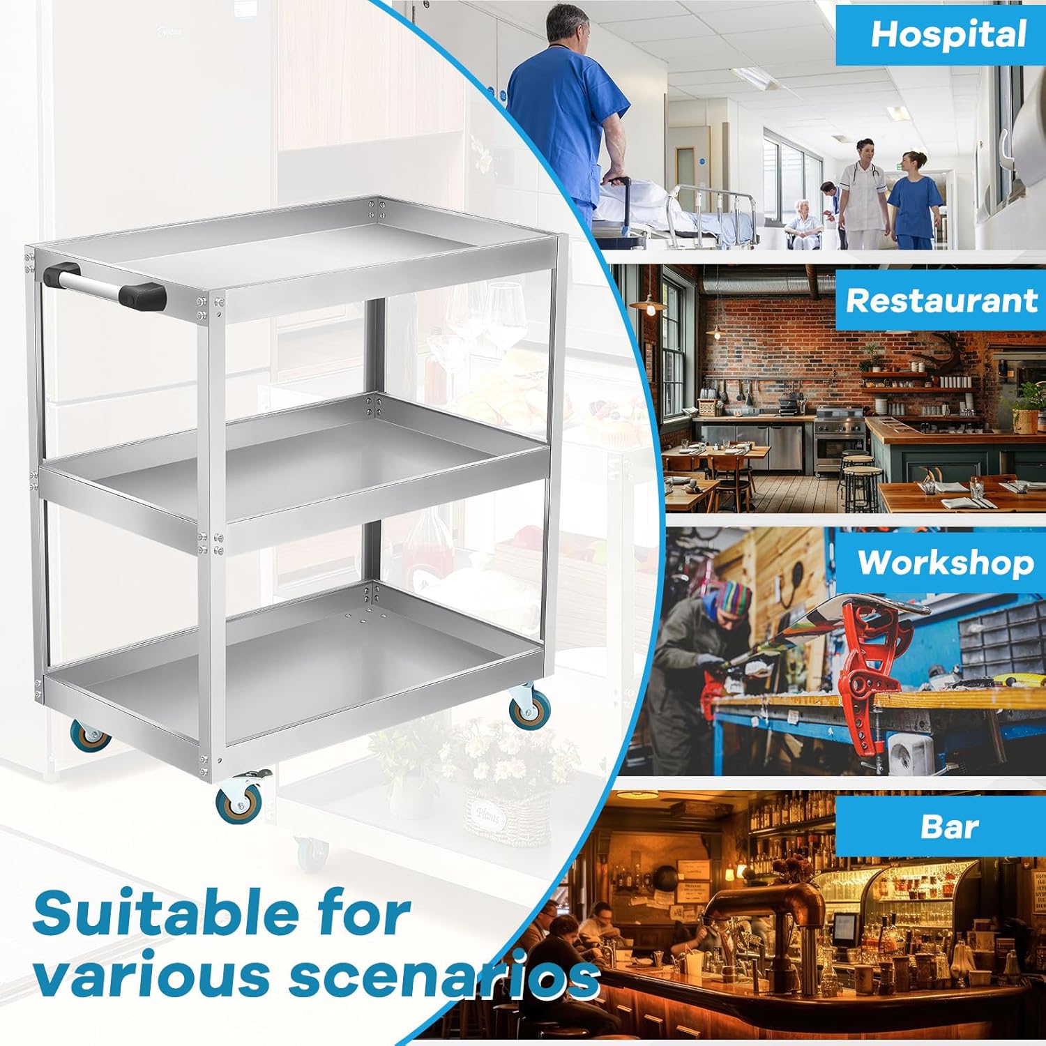 Stainless Steel Utility Cart 35 x 31 x 19 Inches 3 Shelf Mobile Food Rolling Cart with Handle Heavy Duty Metal Cart on Wheels for Kitchen Commercial Restaurant Hospital Laboratory Business