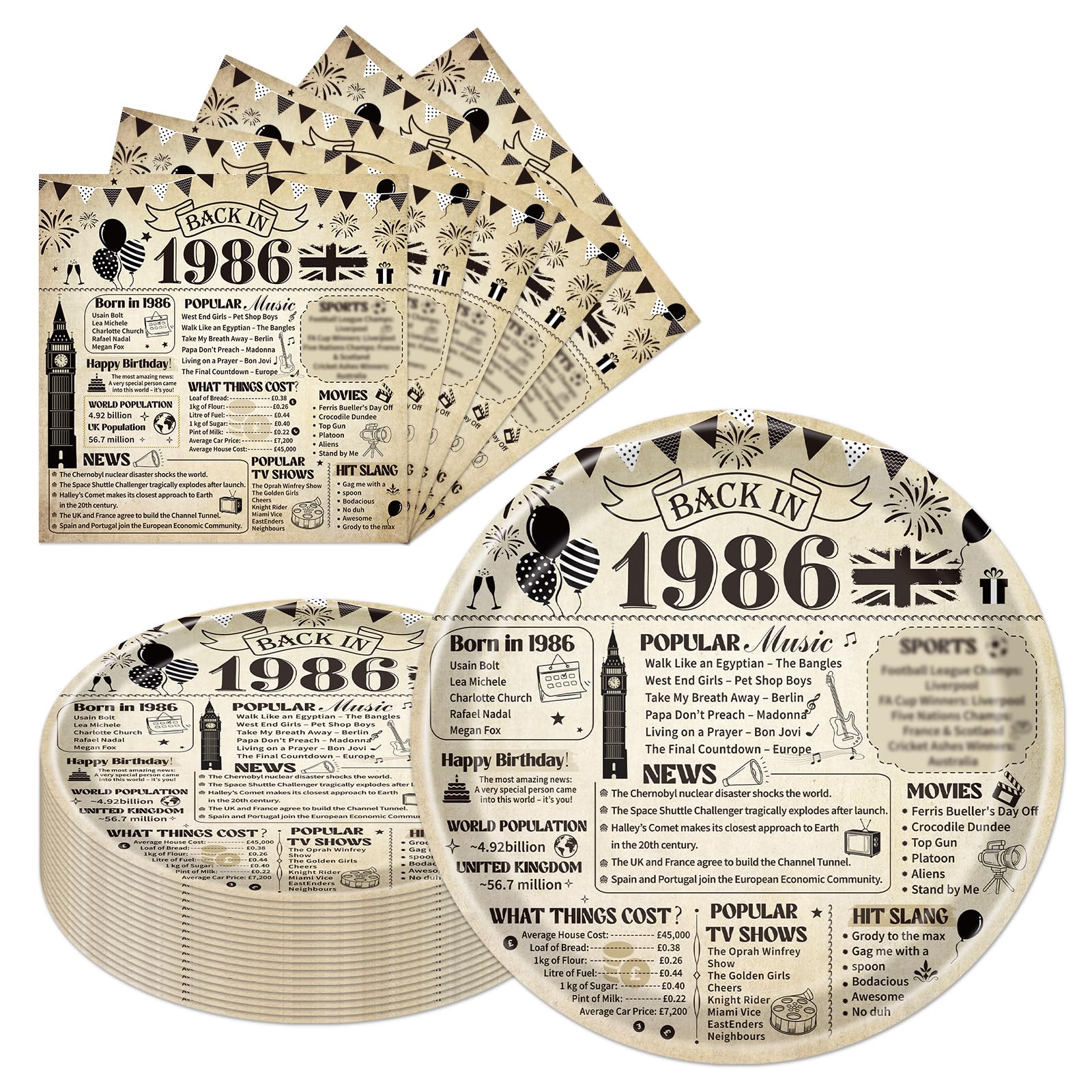 Eiapadeor 40th Birthday Decorations Tableware Set - 50 Pcs 40th Birthday Party Plates and Napkins Vintage Back in 1986 Disposable Plates Set for Women Men Him Her 40 Year Old Party Supplies