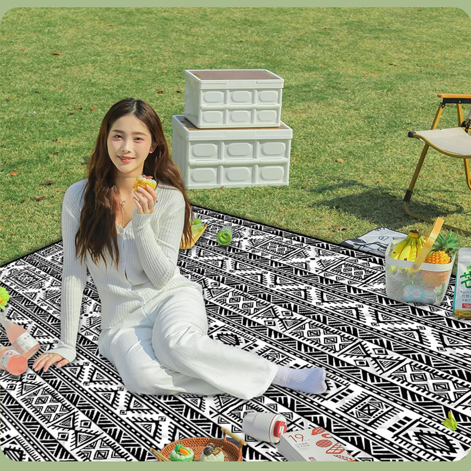 Coperte Picnic Impermeabili Pieghevoli Esterni 5 Strati Spesse Anti Sabbia Leggere Con Cinturino Lavabili Ilavatrice-Black