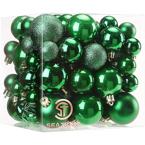 Sea Team 70-Pack Shatterproof Plastic Christmas Ball Ornaments Set, Multi-Size Christmas Baubles, Hanging Decorations for Xmas Tree, Wreath, Garland, (1.18-1.97 Inches, Green)