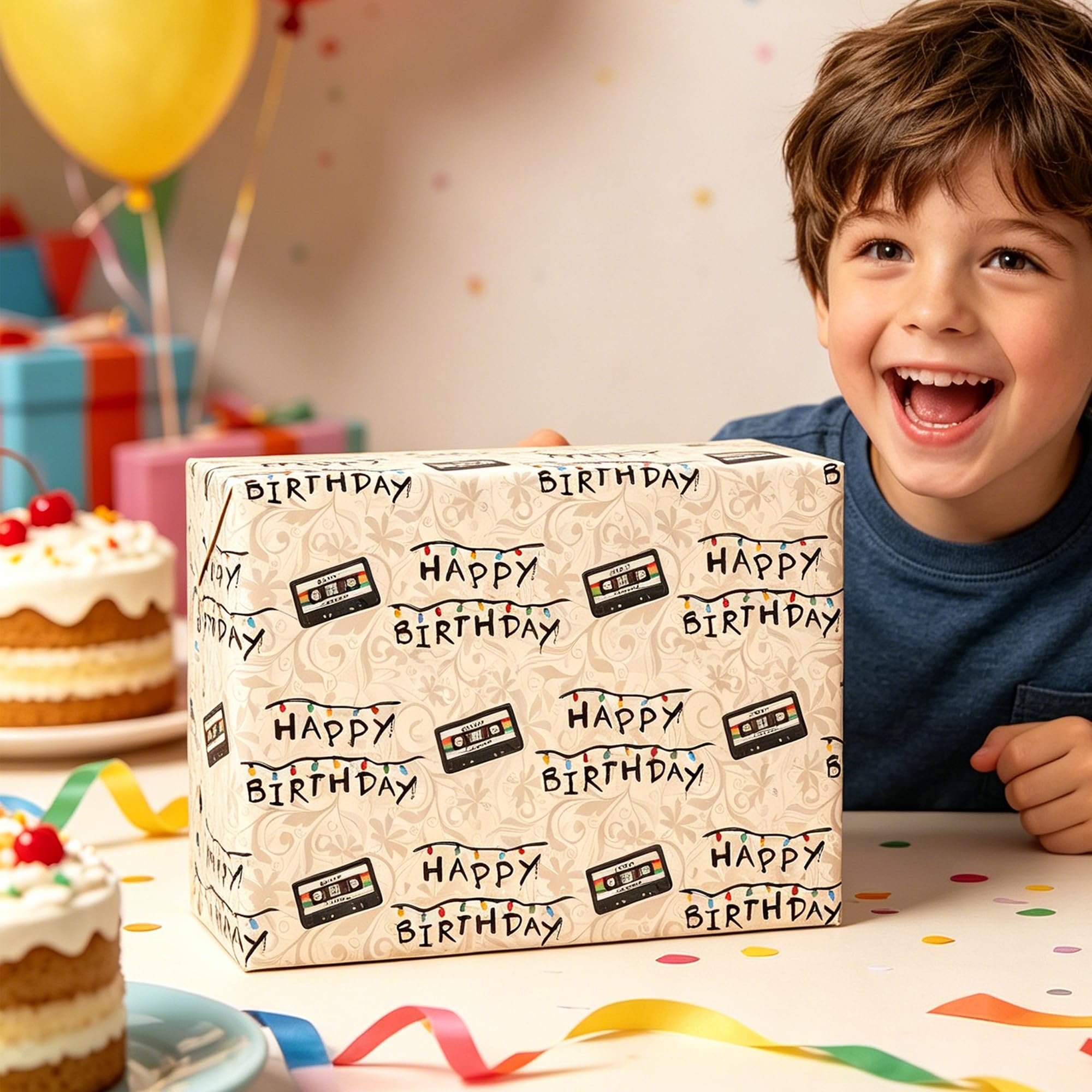 lopmou Urodzinowa rolka papieru do pakowania dla mężczyzn, kobiet, dzieci, vintage, neonowa taśma kasetowa, z napisem "Happy Birthday", opakowanie prezentowe (łącznie 28,5 m2)