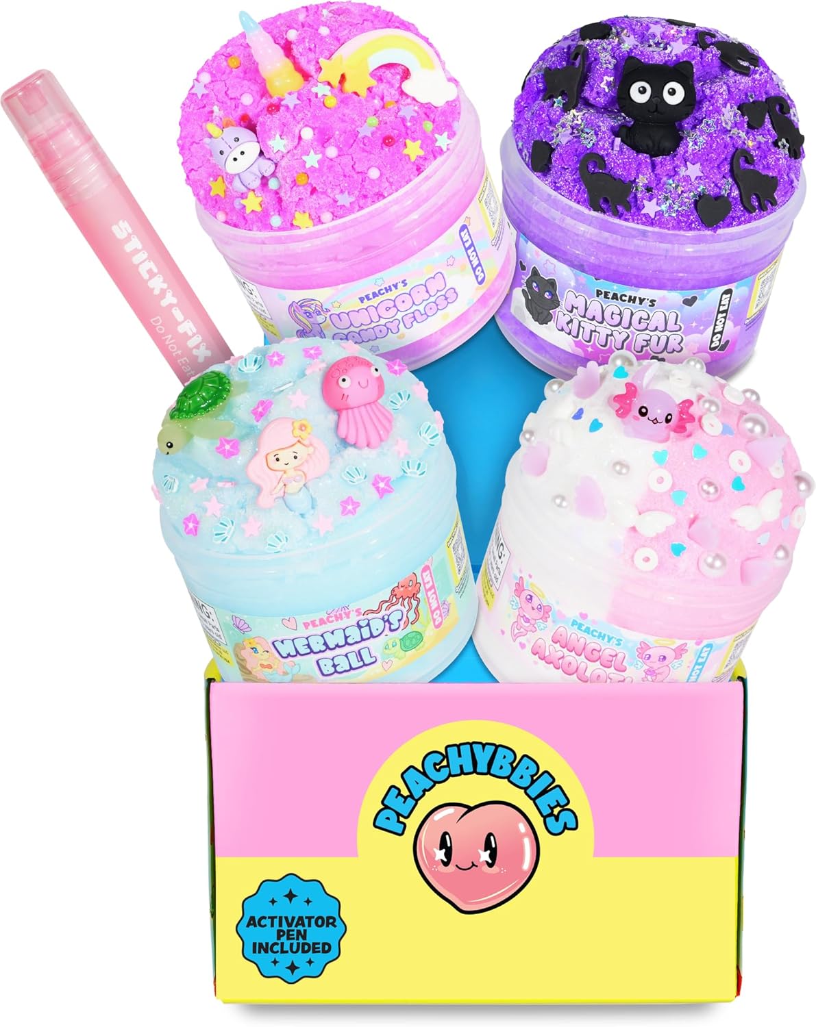 Peachybbies Slime 4-Pack Fantasy Bundle, Unicorn Candy Floss, Mermaid's Ball, Angel Axolotl, Magical Kitty Fur, Includes Slime Activator, Easter Basket Stuffers, Sensory Toys for Kids, Made in USA