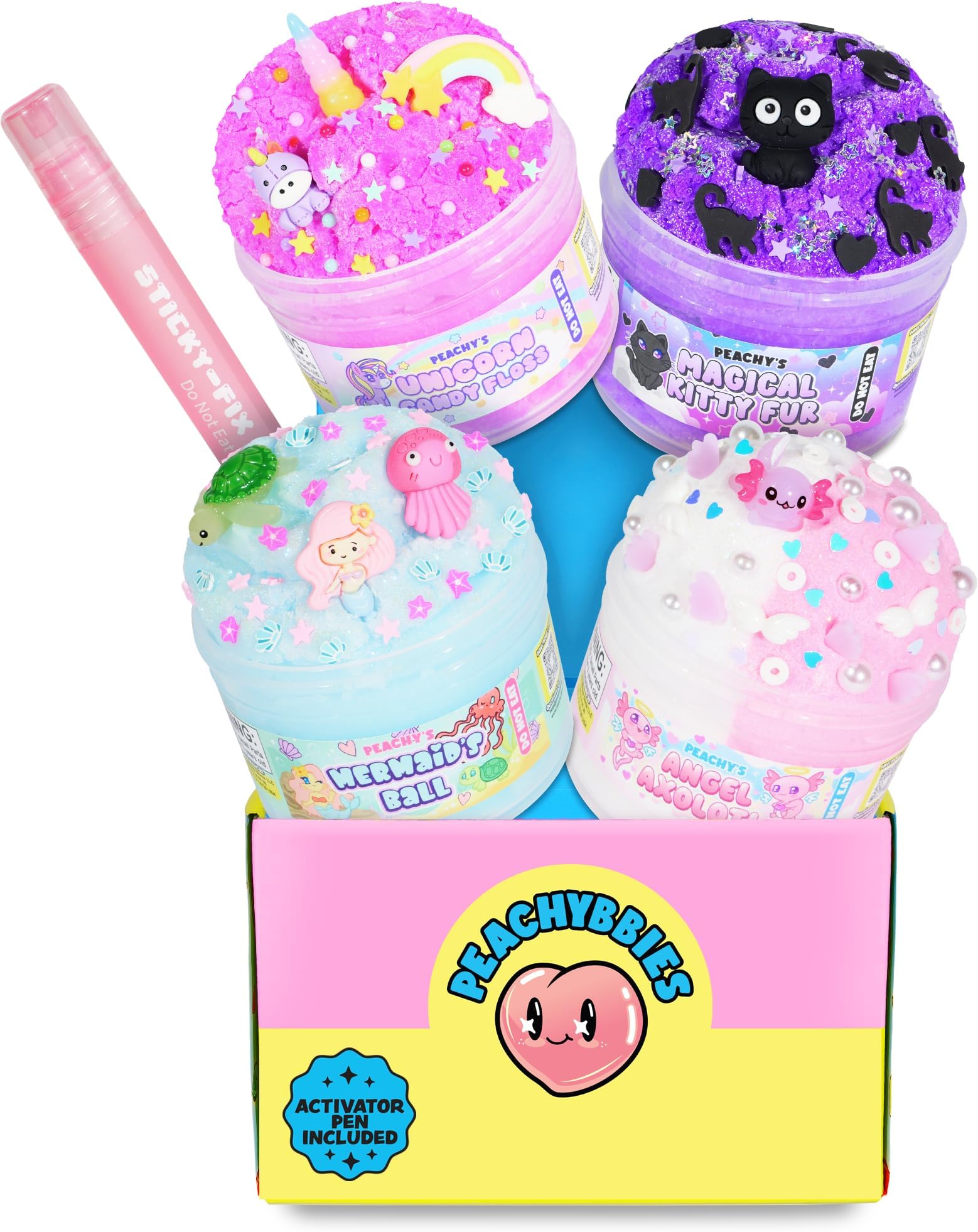 Peachybbies Slime Pack of 4 Fantasy Bundle, Unicorn Candy Floss, Mermaid Ball, Angel Ahorotor,Magical Kitty Far,Slime Activator,Easter Basket Stuffer,Scented Slime for Kids, Made in USA