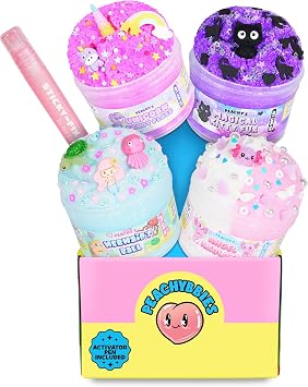Peachybbies Slime Pack of 4 Fantasy Bundle, Unicorn Candy Floss, Mermaid Ball, Angel Ahorotor,Magical Kitty Far,Slime Activator,Easter Basket Stuffer,Scented Slime for Kids, Made in USA