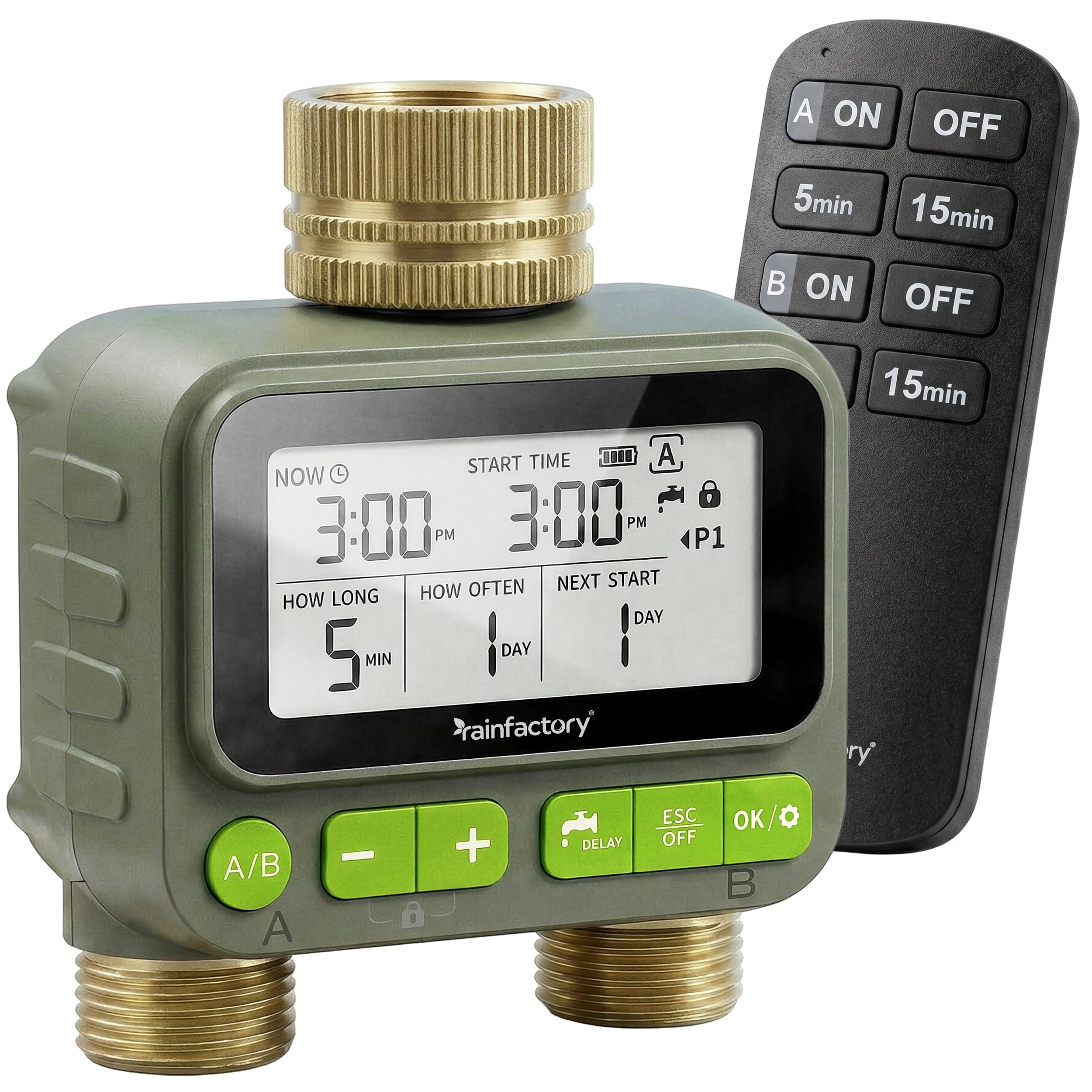rainfactory - timer irrigazione 2 vie con telecomando, centralina irrigazione a batteria IP65, display LCD, 4 programmi, manuale, delay pioggia, raccordo ¾" per giardino, balcone, vasi e orto!
