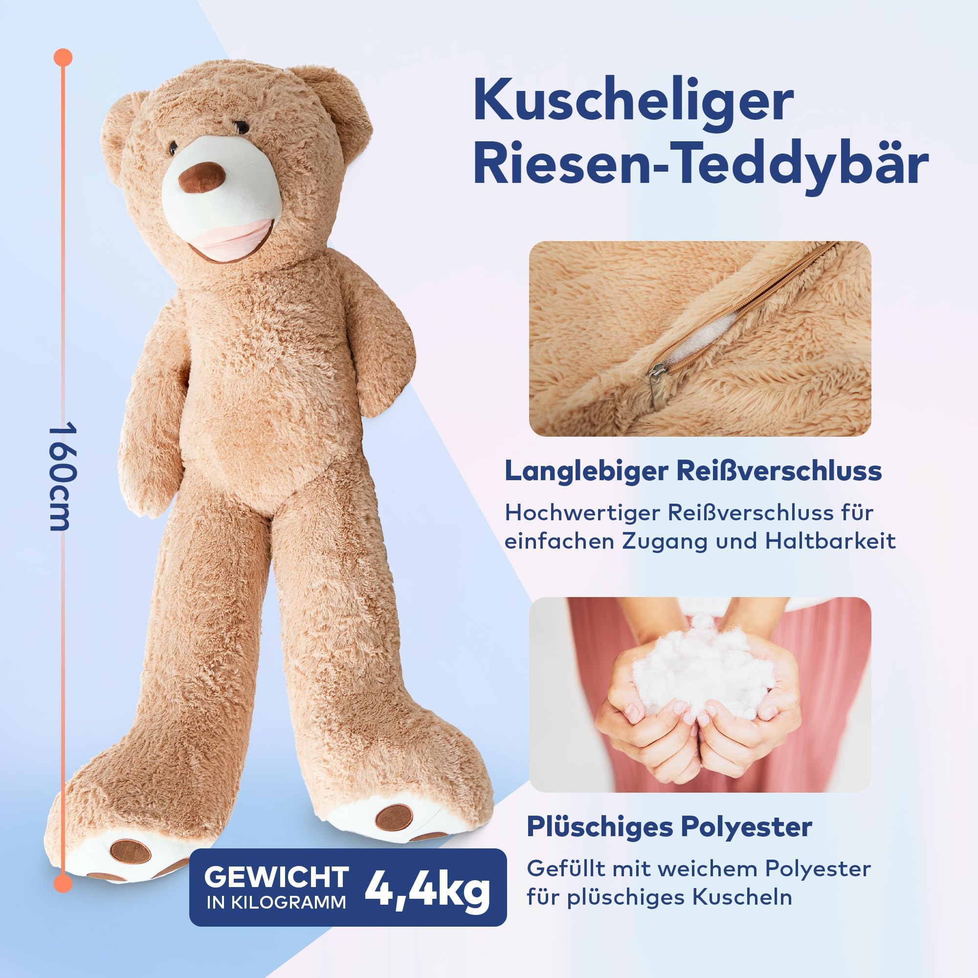 MKS XXL Teddybär 160 cm – weiches Kuscheltier mit Reißverschluss & waschbarem Bezug, großer riesen teddybär als Geschenkidee, Groß XXL für Kinderzimmer & Deko