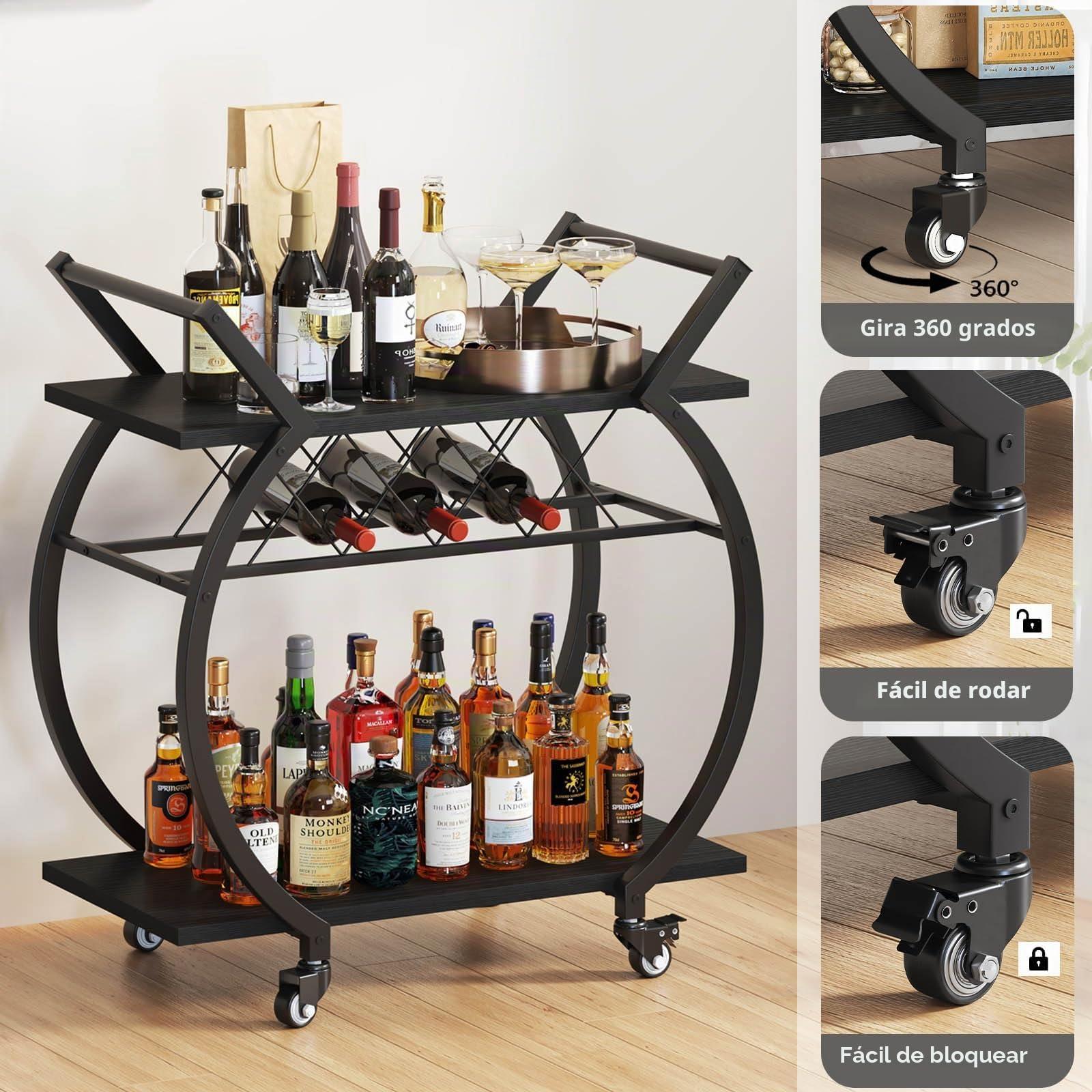 LVB Carrito Bar Negro, Carrito para Bebidas Moderno, con Ruedas, Madera y Metal, Estante Incluido, Cocina o Comedor