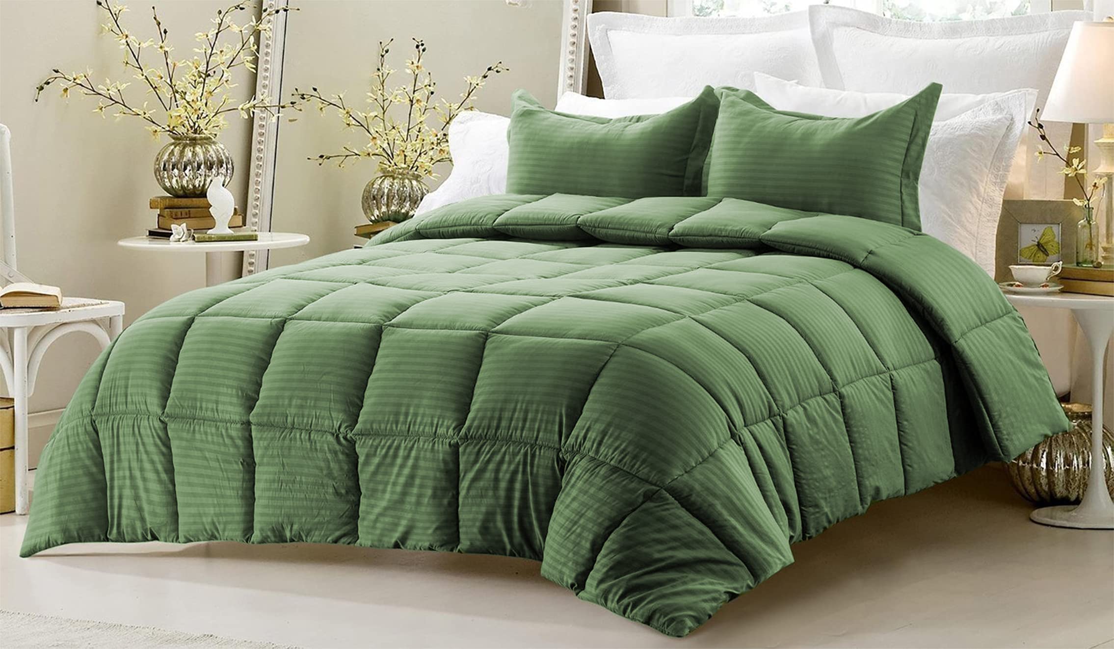 Edredón de algodón egipcio de 600 hilos individual en color verde musgo reversible