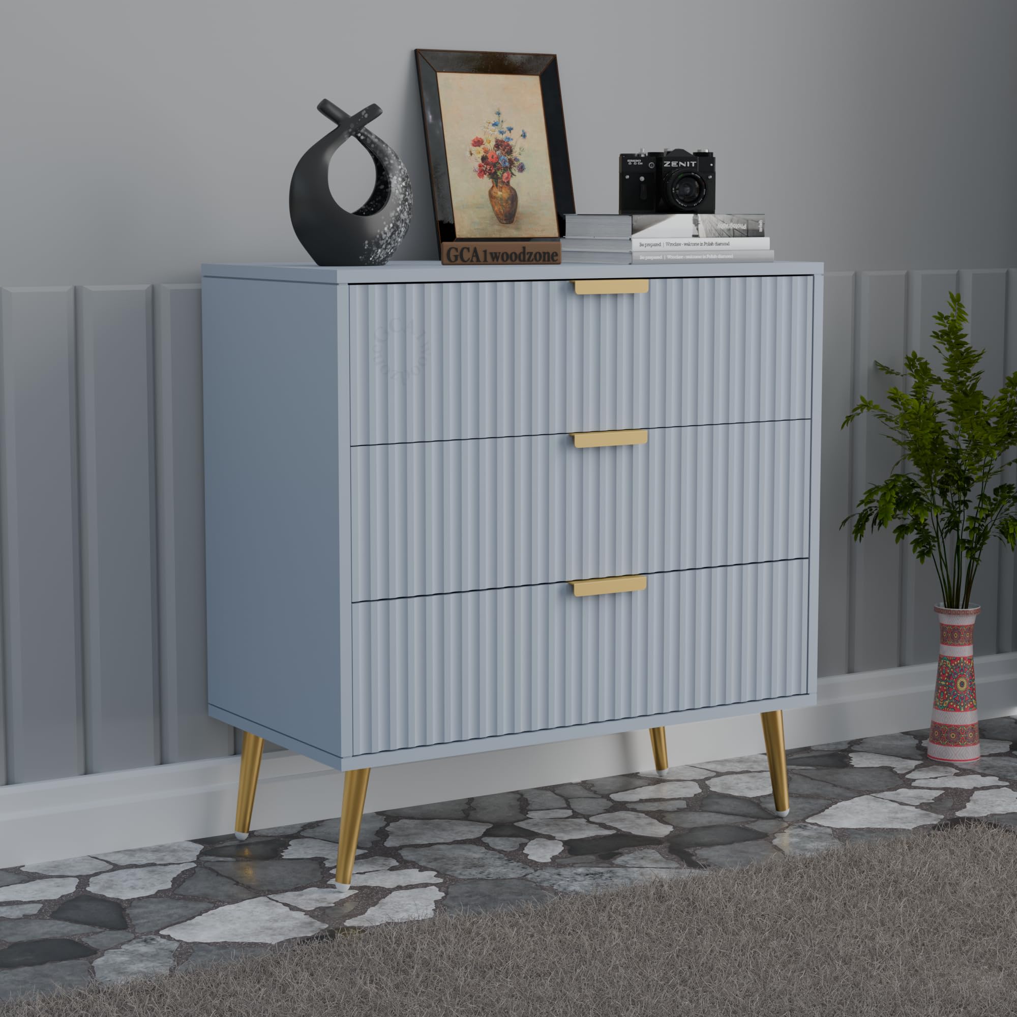 GCA1 WOODZONE Wooden Chest of Drawers | 3 Drawers Dresser Console Cabinet for Bedroom, Living Room, Drawing Room & Office | Sideboard | Multipurpose Storage | HDMR Premium Wood & Iron, Grey & Golden