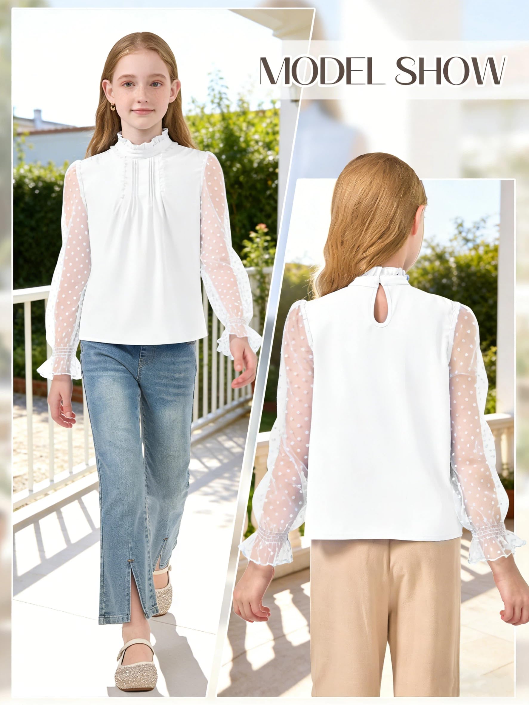 Rolanko Chemise à Manches Longues pour Filles Blouse en Mousseline Hauts Mignons à Col Volant et Pois Suisses