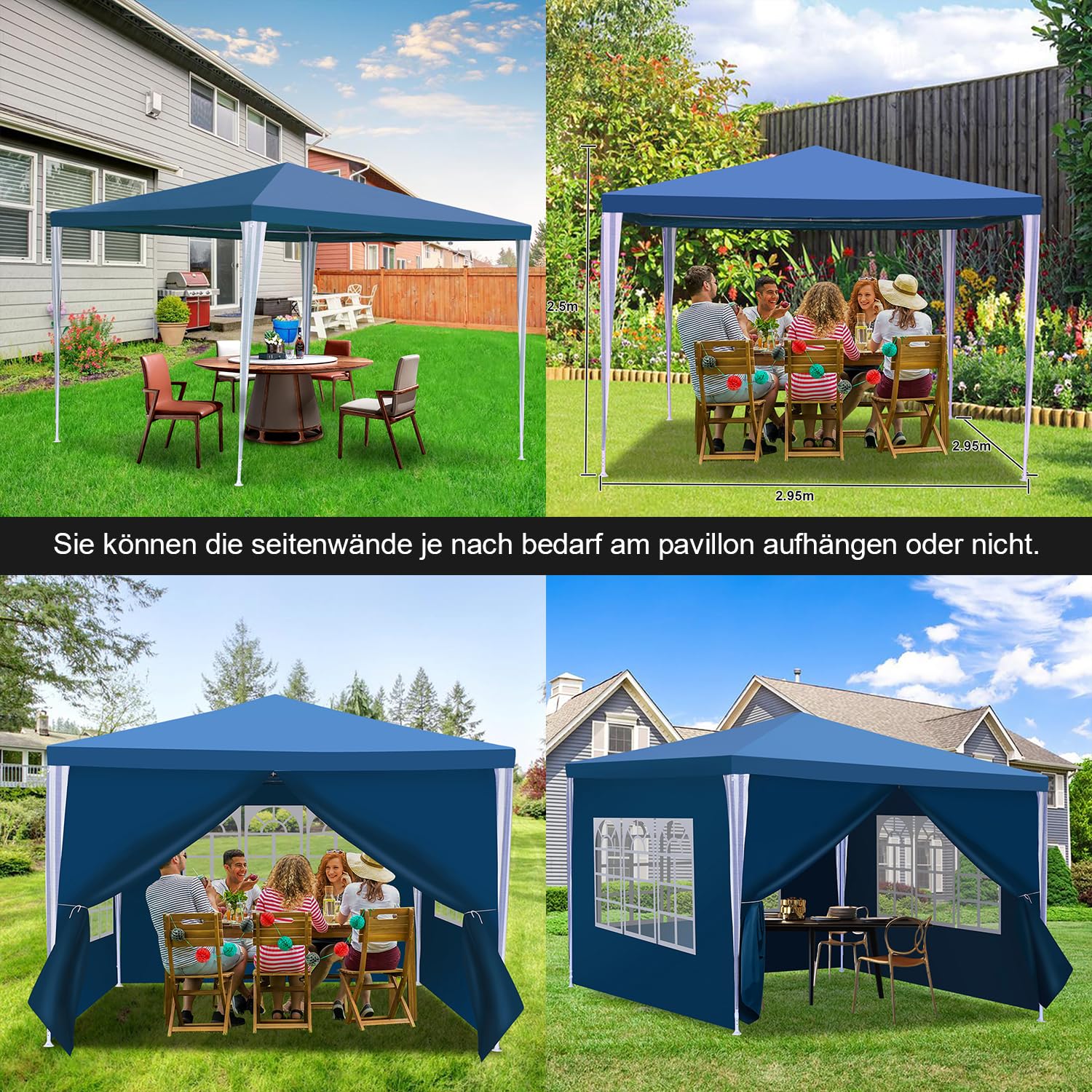 Daromigo Tonnelle de jardin 3 x 3 m, étanche, avec parois latérales amovibles et grandes fenêtres, protection UV pour extérieur, jardin, fête, camping, bleu