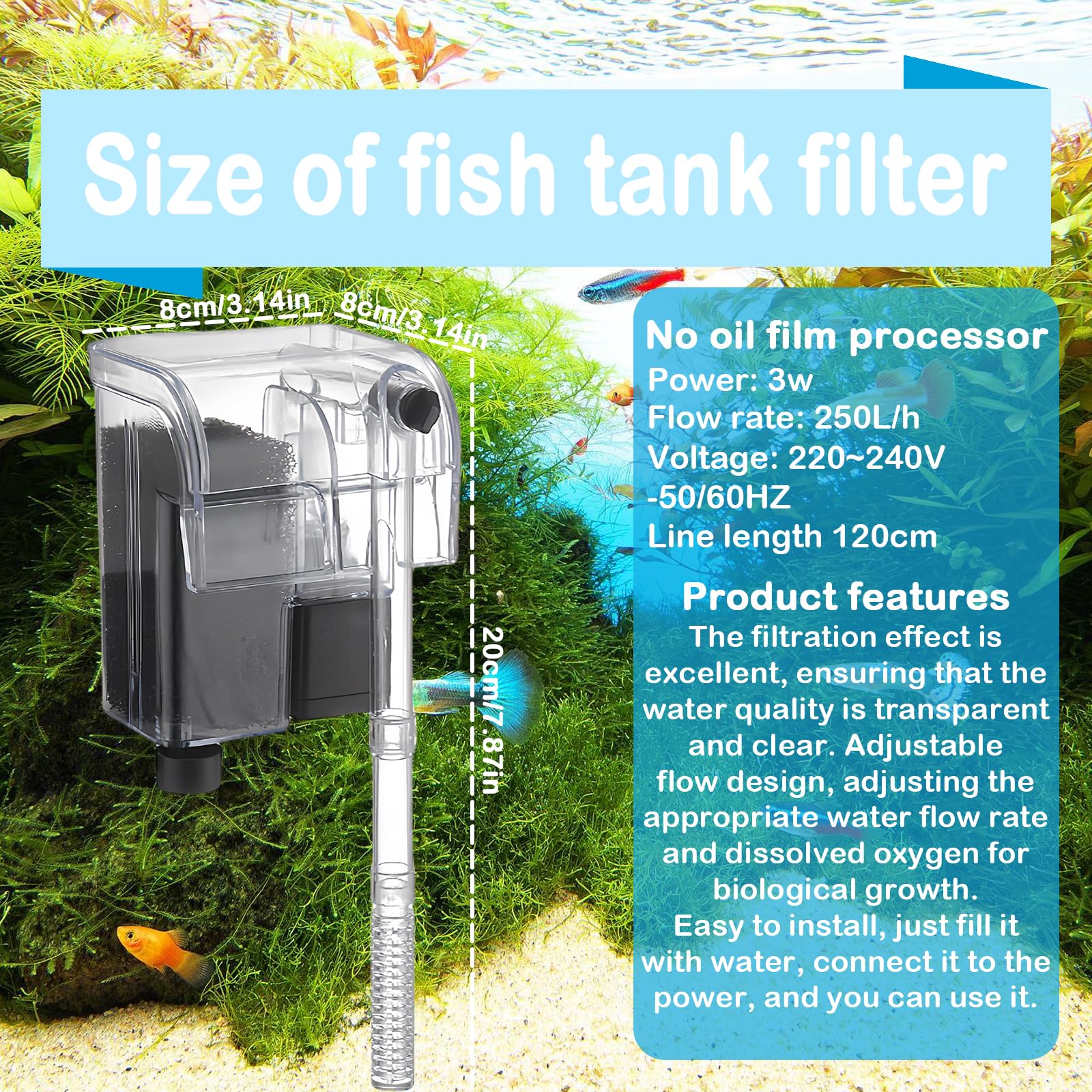 Filtro Exterior Para Acuario 250 L/h - Ajustable, 3W, Para Peceras De 30-60 Litros, Montaje En Pared