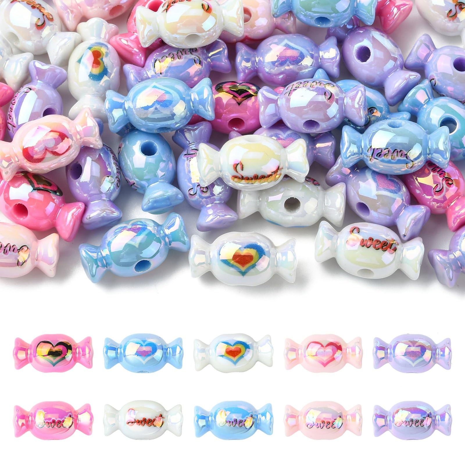 Perles en acrylique pour bracelet collier et porte-clés, perle bonbon irisé Ipotkitt x40